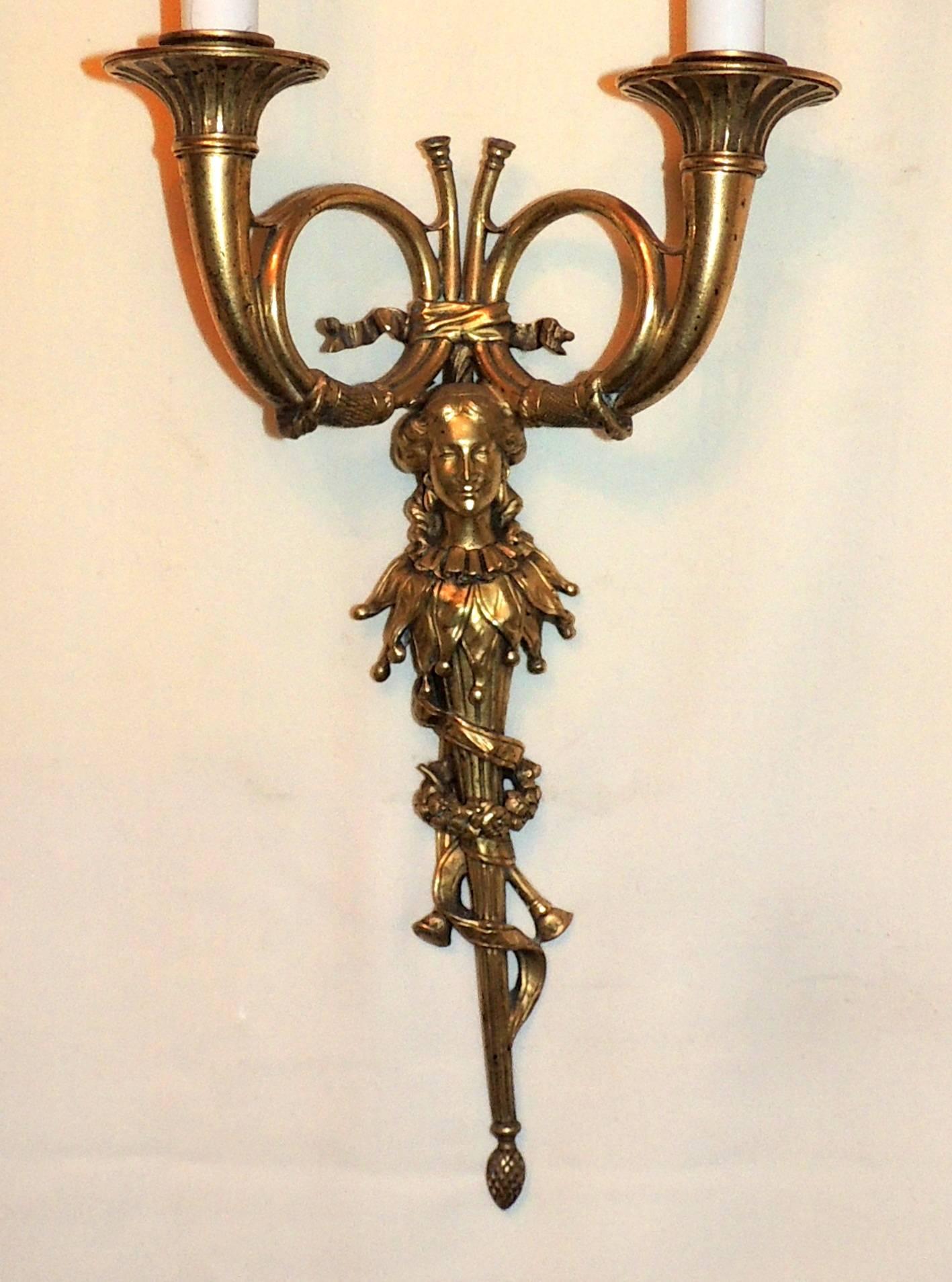 Gilt Beautiful Pair French Horn Bronze Lady Figural Two-Light Tasle Regency Sconces For Sale