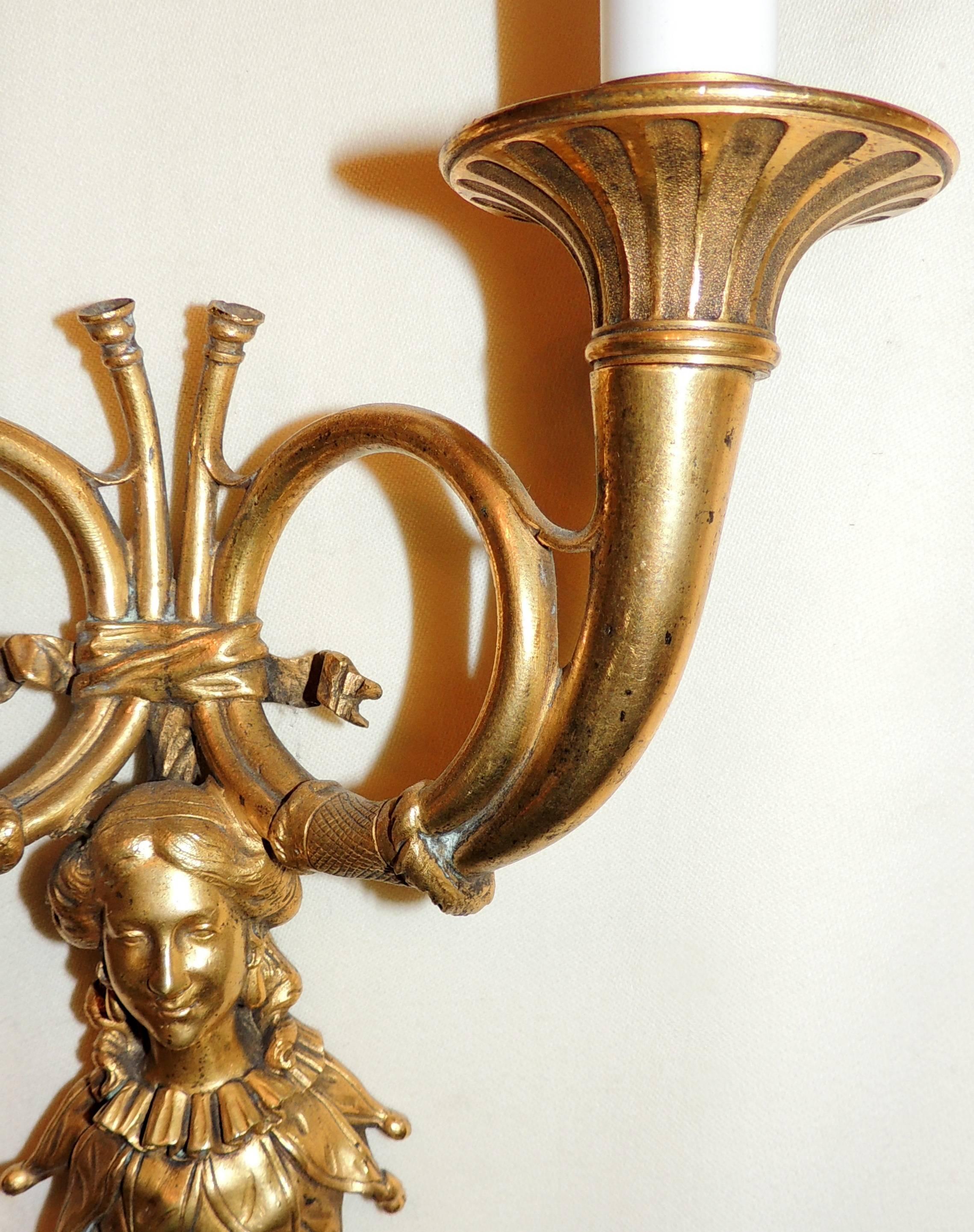 Mid-20th Century Beautiful Pair French Horn Bronze Lady Figural Two-Light Tasle Regency Sconces For Sale
