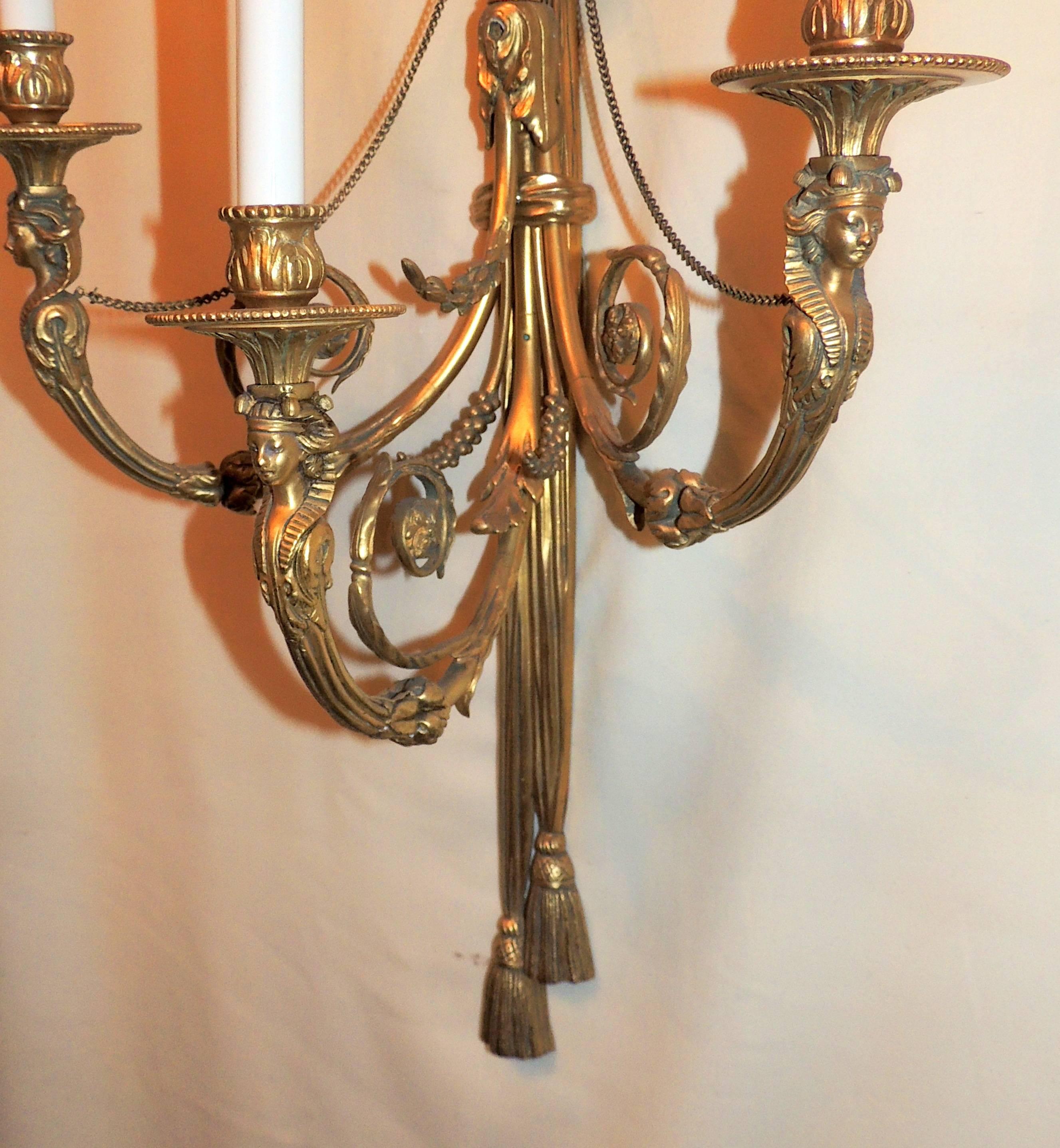 Wonderful Pair of French Large Bronze Empire Regency Lady Figural Tassel Sconces In Good Condition For Sale In Roslyn, NY