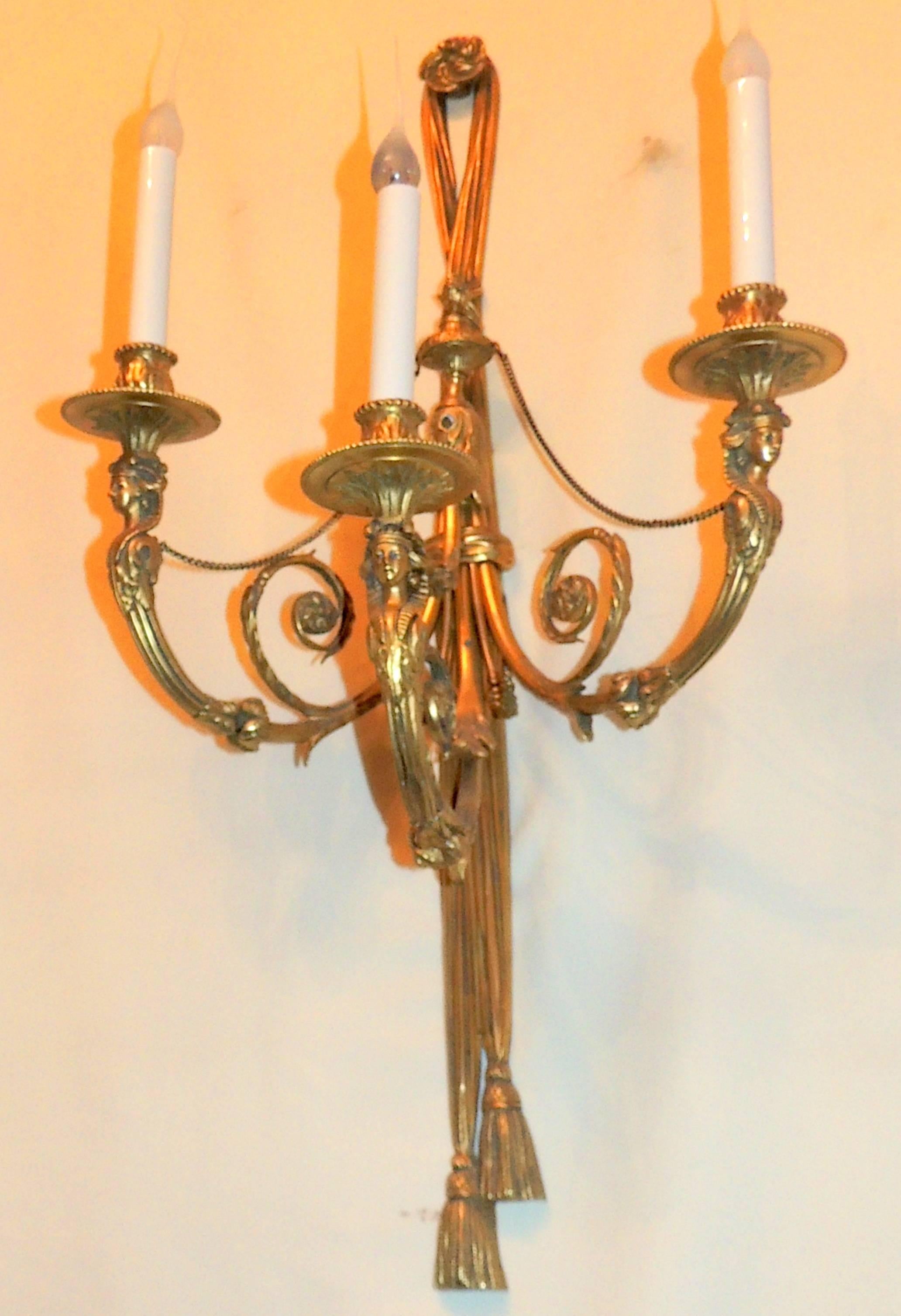 Wonderful Pair of French Large Bronze Empire Regency Lady Figural Tassel Sconces For Sale 2