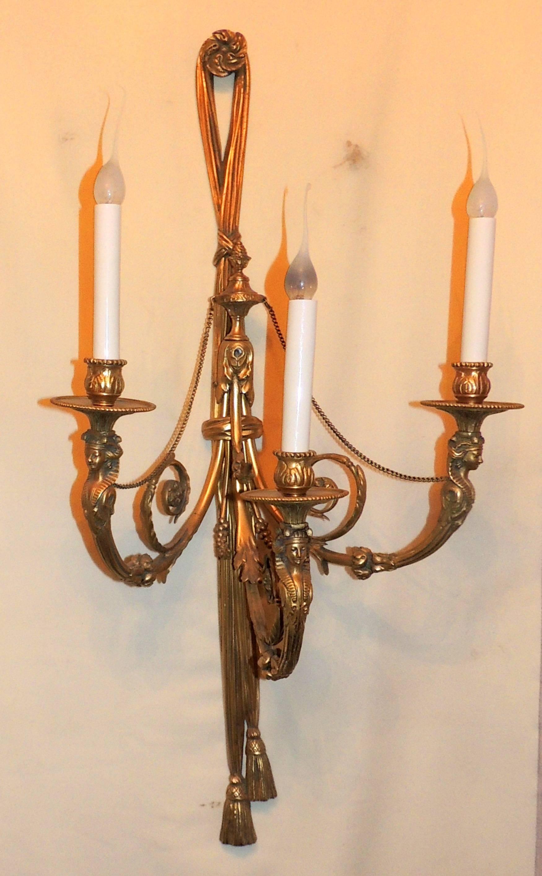 Wonderful Pair of French Large Bronze Empire Regency Lady Figural Tassel Sconces For Sale 3