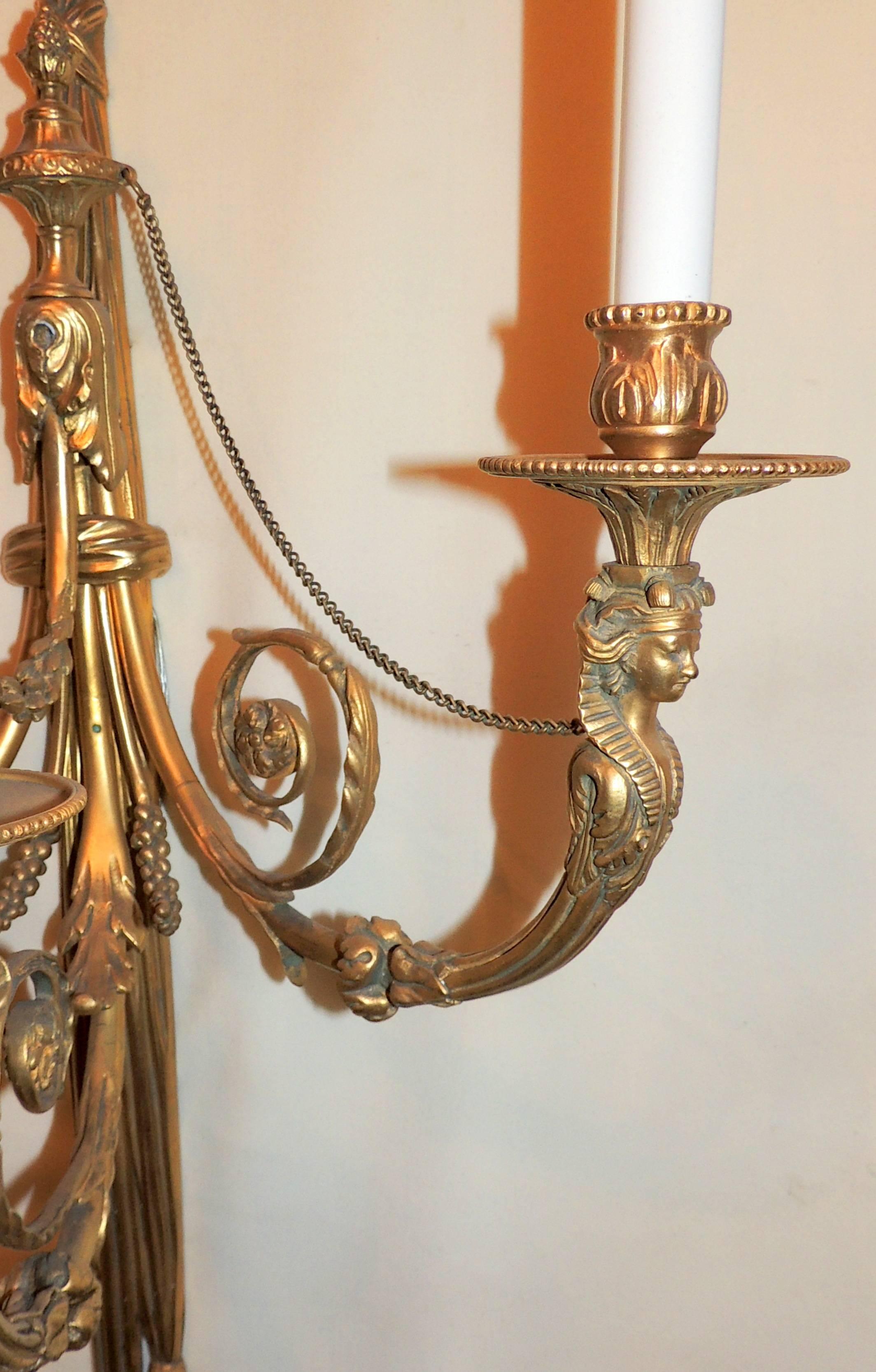 Wonderful Pair of French Large Bronze Empire Regency Lady Figural Tassel Sconces For Sale 4