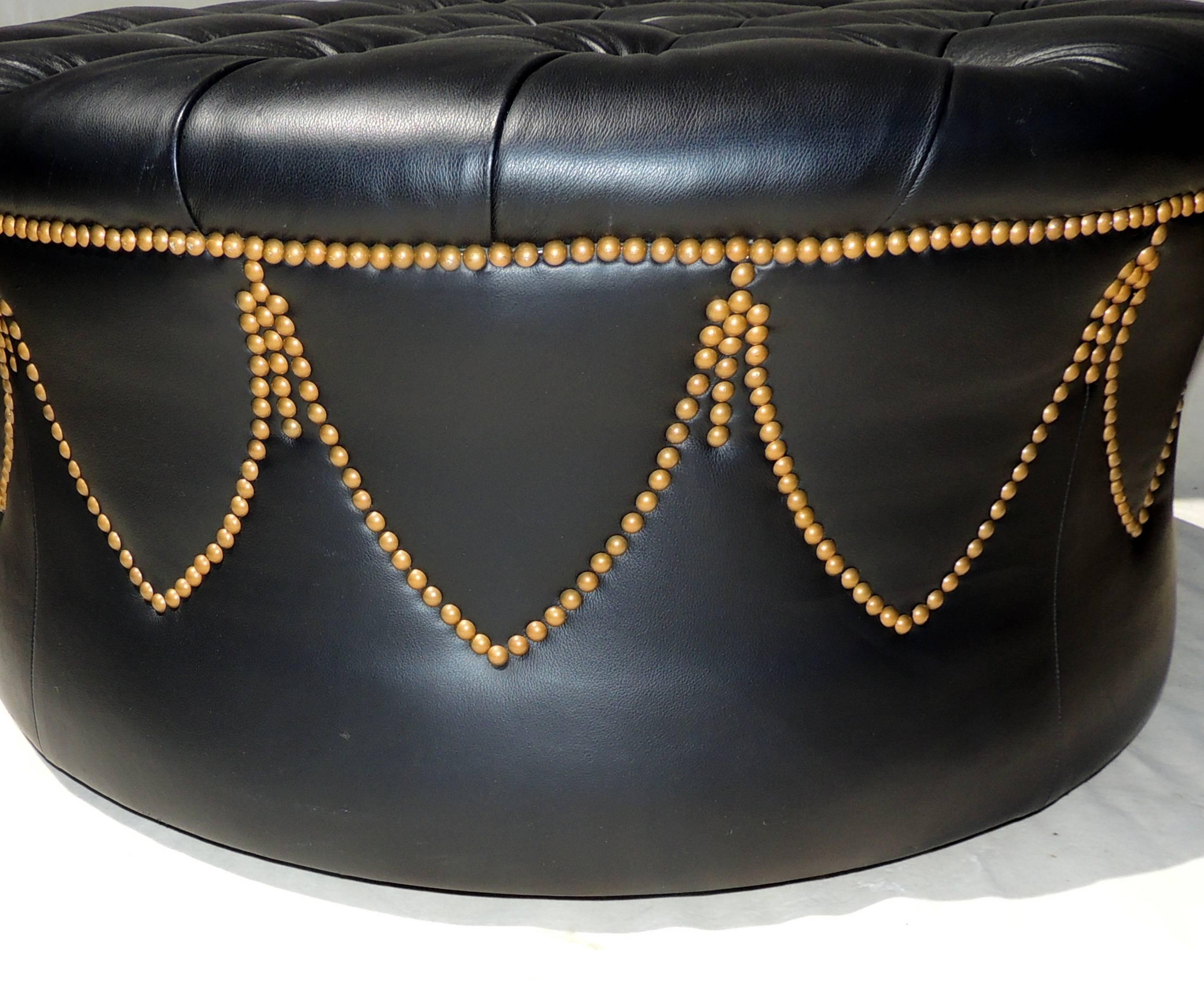 Handsome Black Leather Brass Nailhead Tufted Pouf Ottoman Round Bench Foot Rest 1