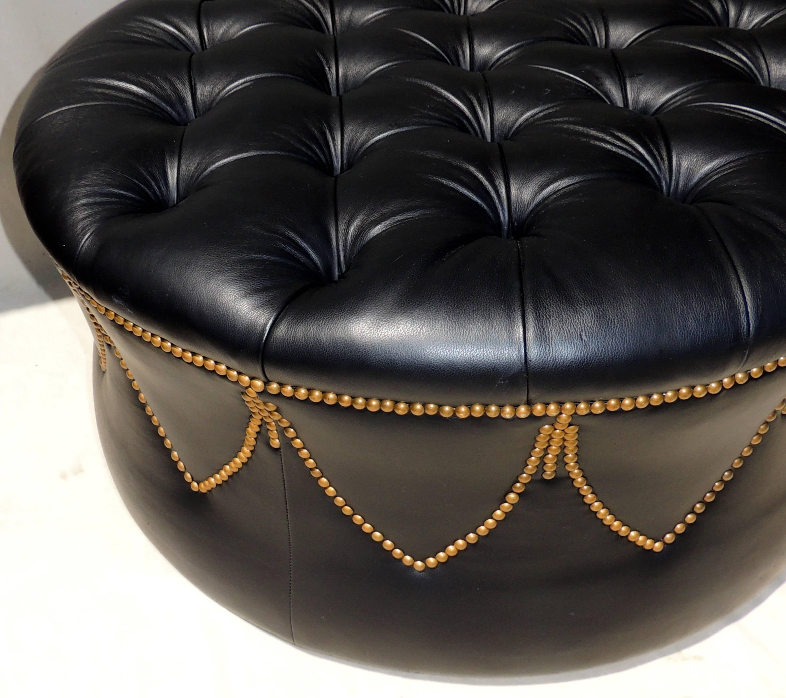 20th Century Handsome Black Leather Brass Nailhead Tufted Pouf Ottoman Round Bench Foot Rest