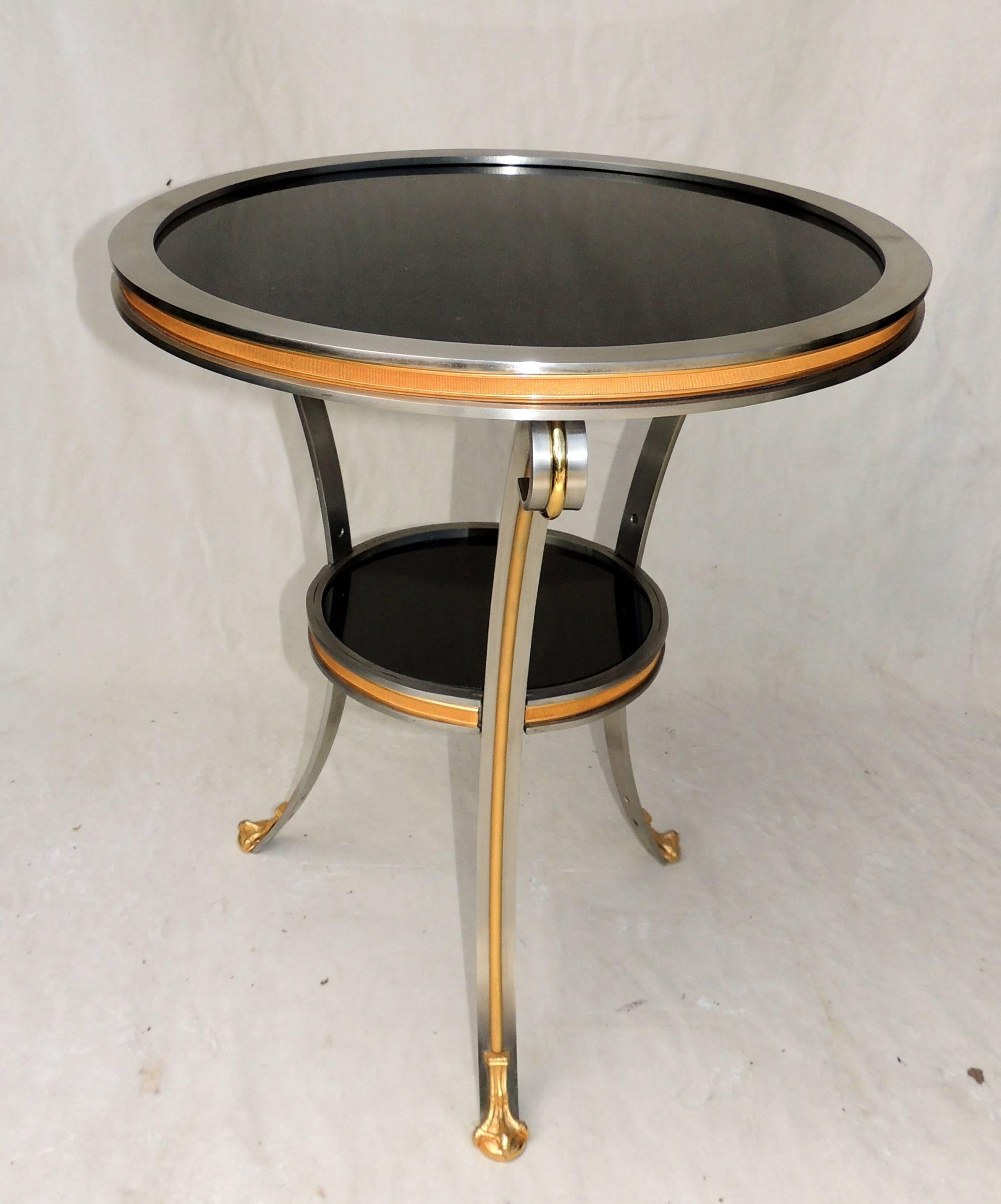 Modern Transition Brushed Silver Steel Bronze Gueridon Table Stone  In Good Condition For Sale In Roslyn, NY