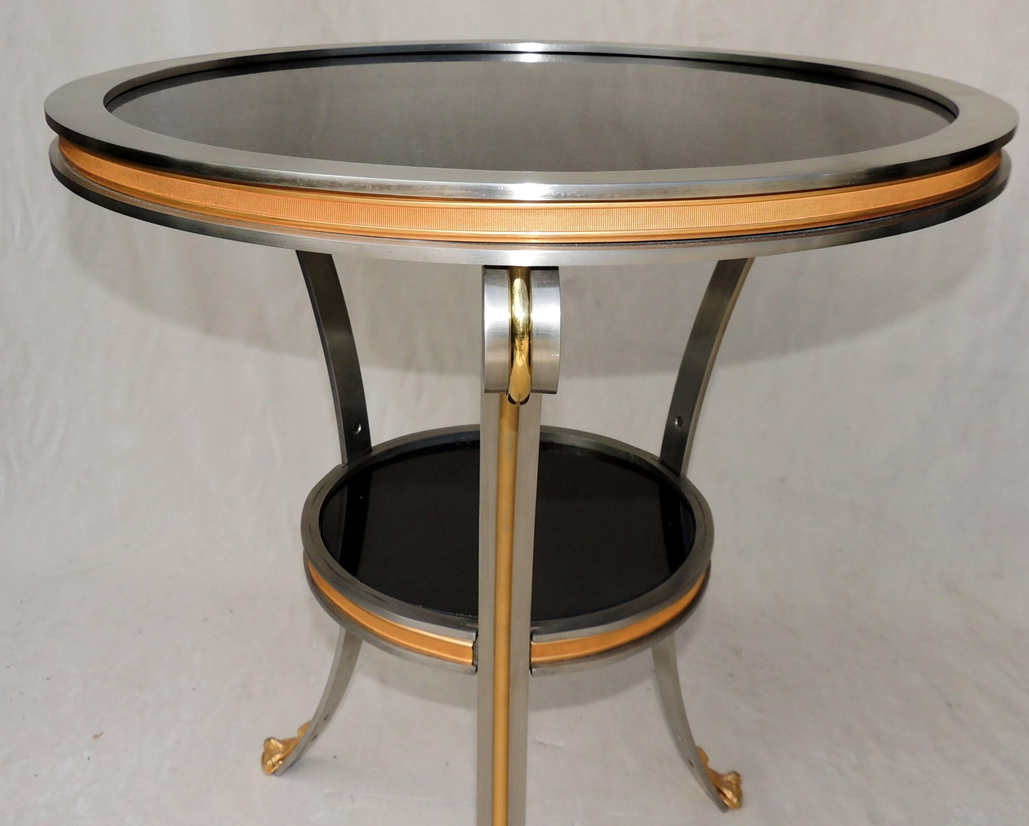 Late 20th Century Modern Transition Brushed Silver Steel Bronze Gueridon Table Stone  For Sale