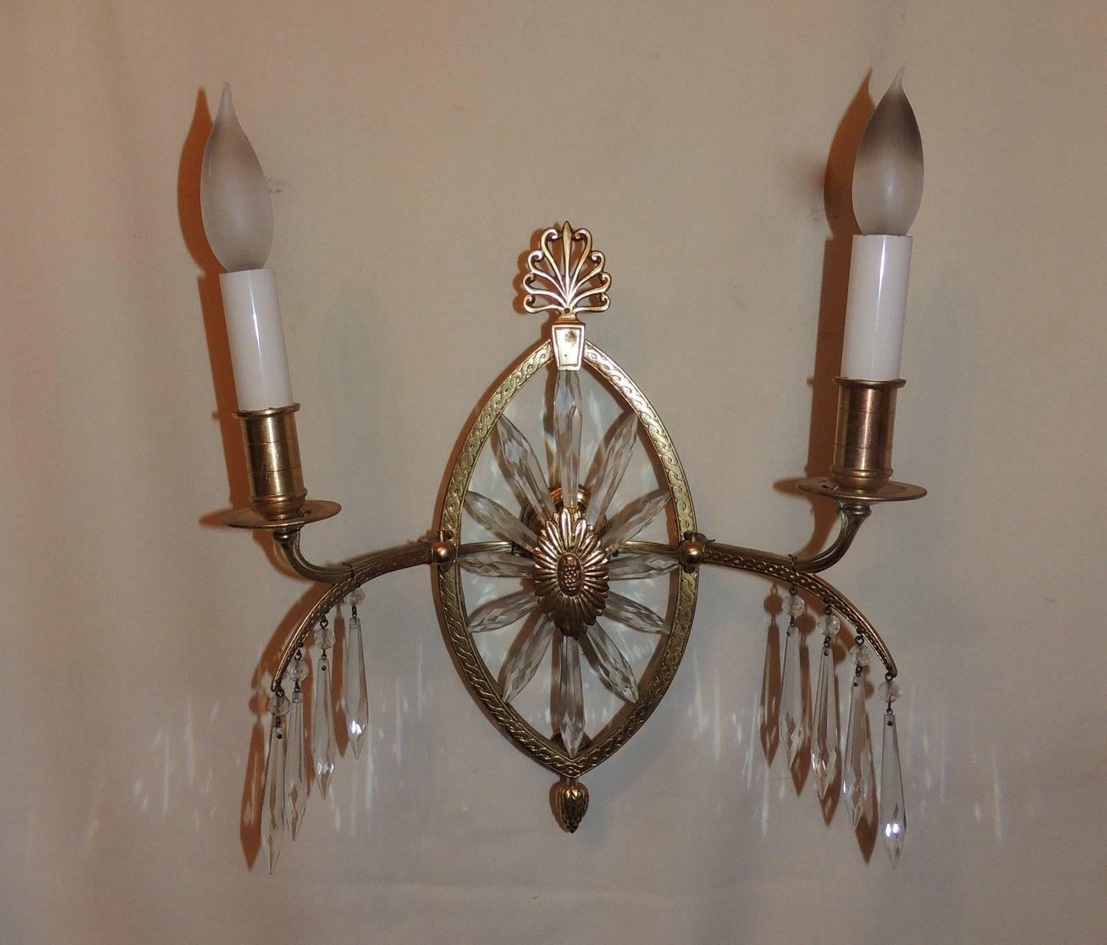 Mid-20th Century Beautiful Neoclassical Set Six French Bronze Crystal Caldwell Starburst Sconces For Sale