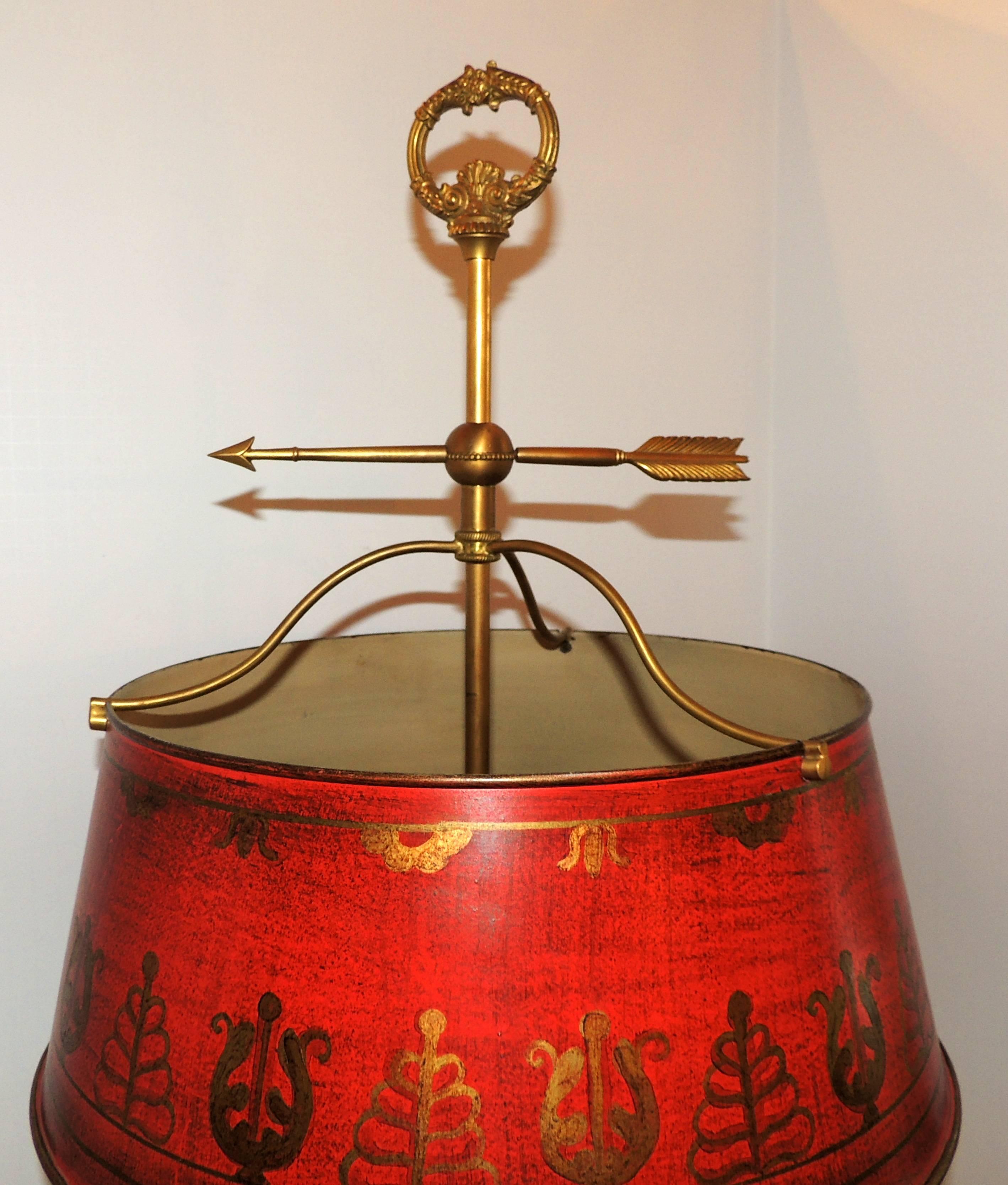 Hand-Painted Wonderful French Bronze Neoclassical Bouillotte Three Light Lamp Red Tole Lamp