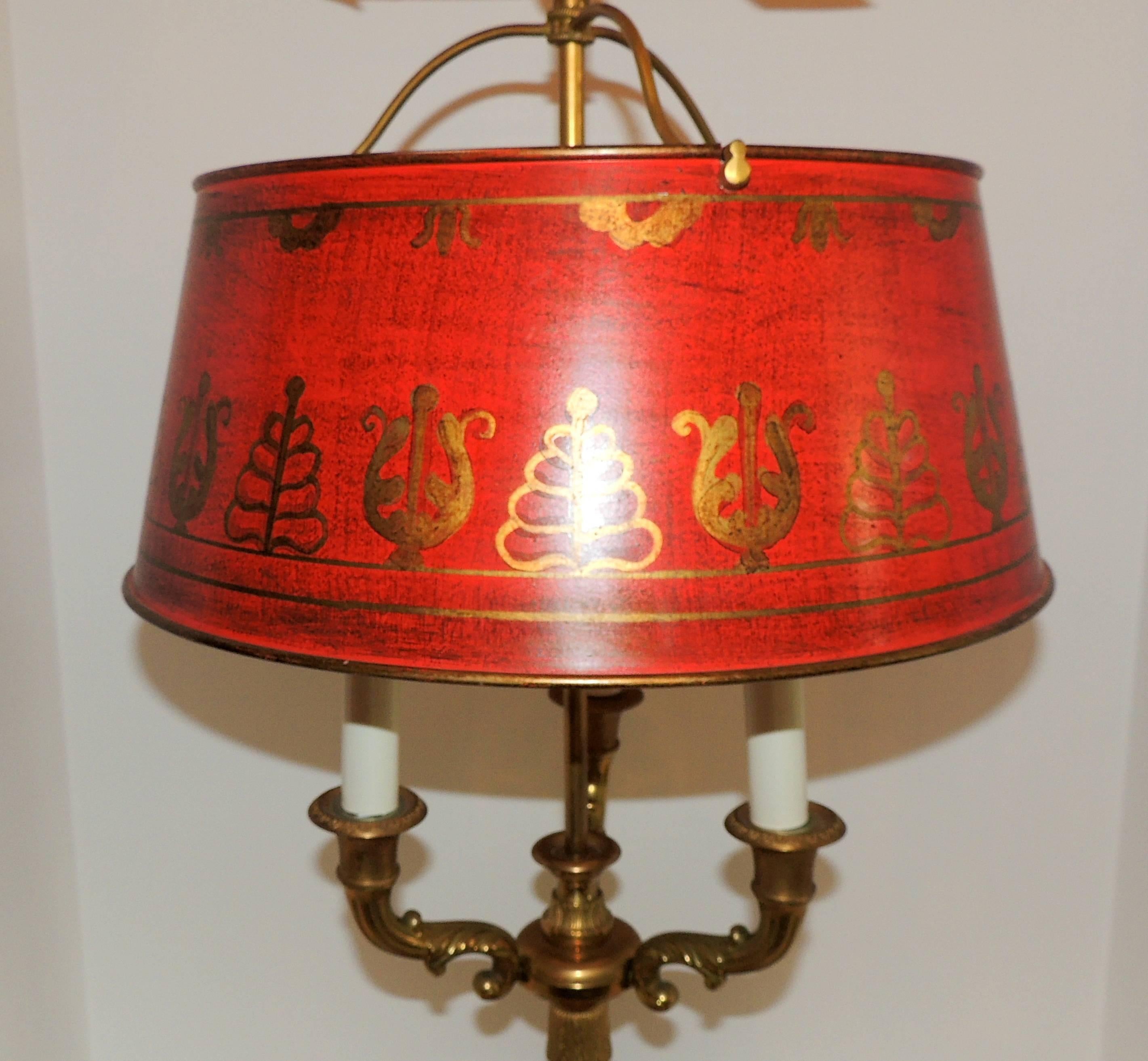 Wonderful French Bronze Neoclassical Bouillotte Three Light Lamp Red Tole Lamp In Good Condition In Roslyn, NY