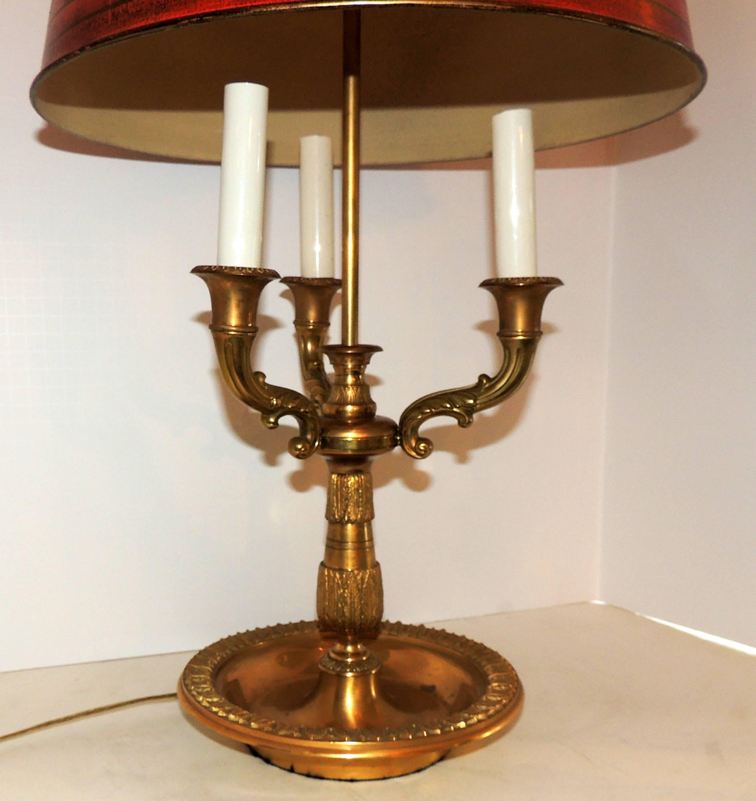 Mid-20th Century Wonderful French Bronze Neoclassical Bouillotte Three Light Lamp Red Tole Lamp
