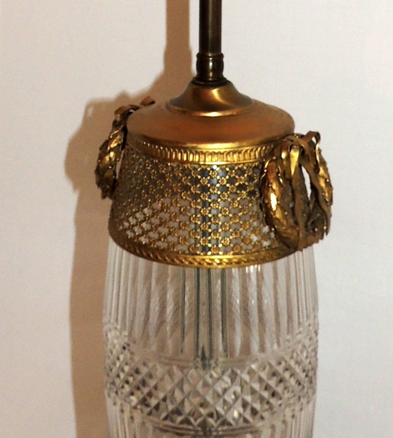 Louis XVI French Pair of Ormolu Bronze Gilt Crystal Vase Large Wreath Lattice Lamps