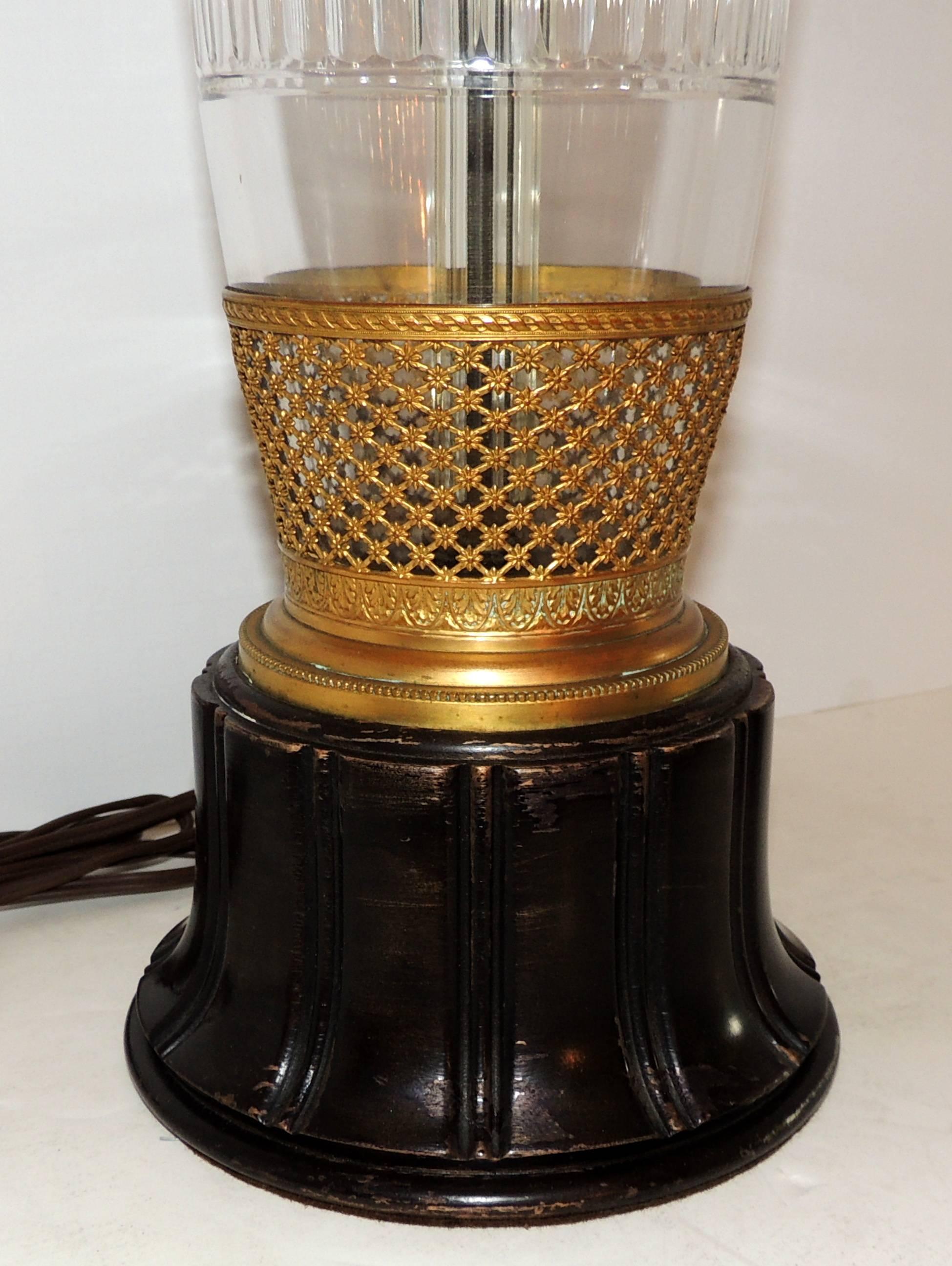 French Pair of Ormolu Bronze Gilt Crystal Vase Large Wreath Lattice Lamps 1