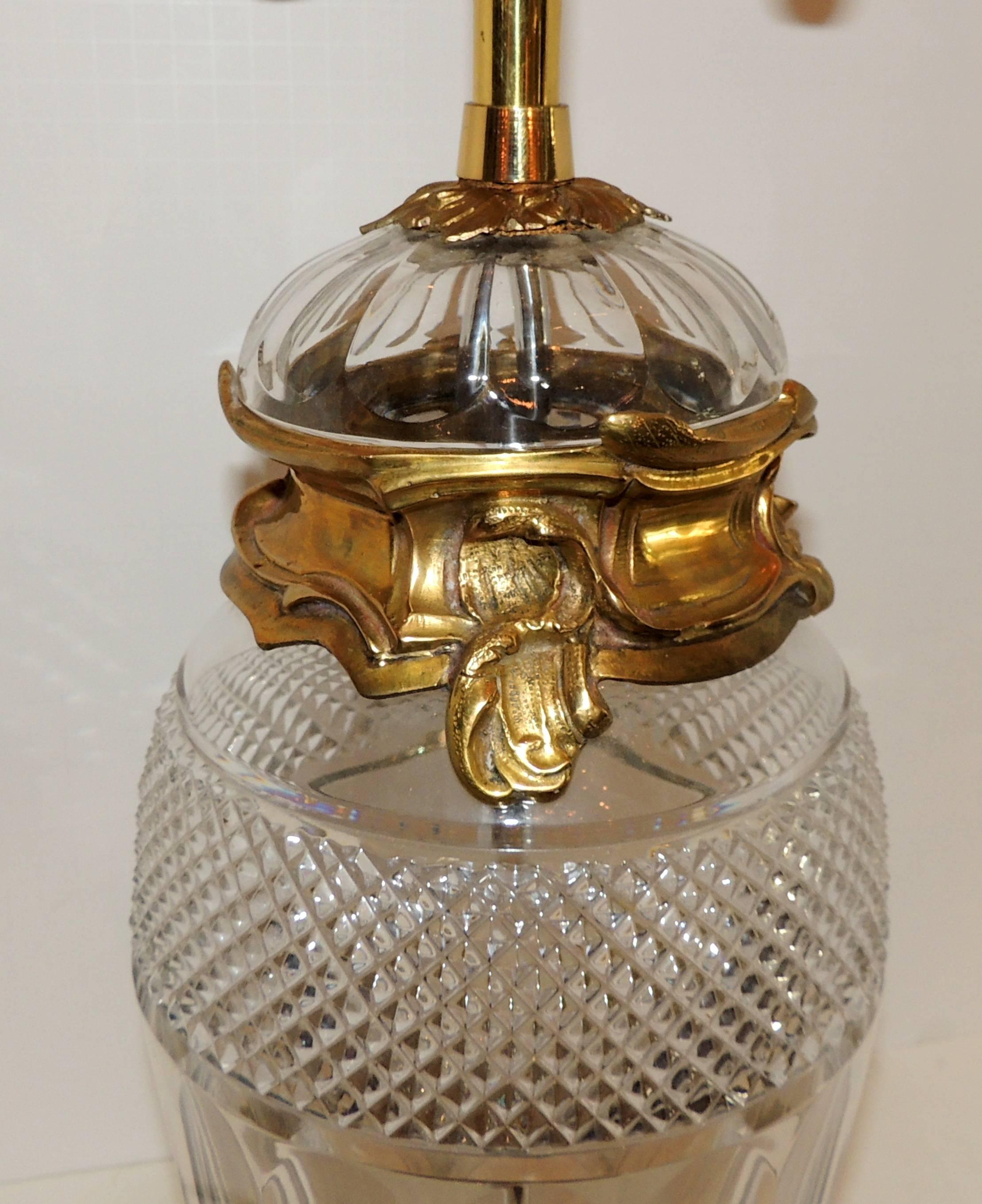 Wonderful Pair French Ormolu Gilt Bronze Cut Crystal Etched Urn Louis XVI Lamps In Good Condition In Roslyn, NY