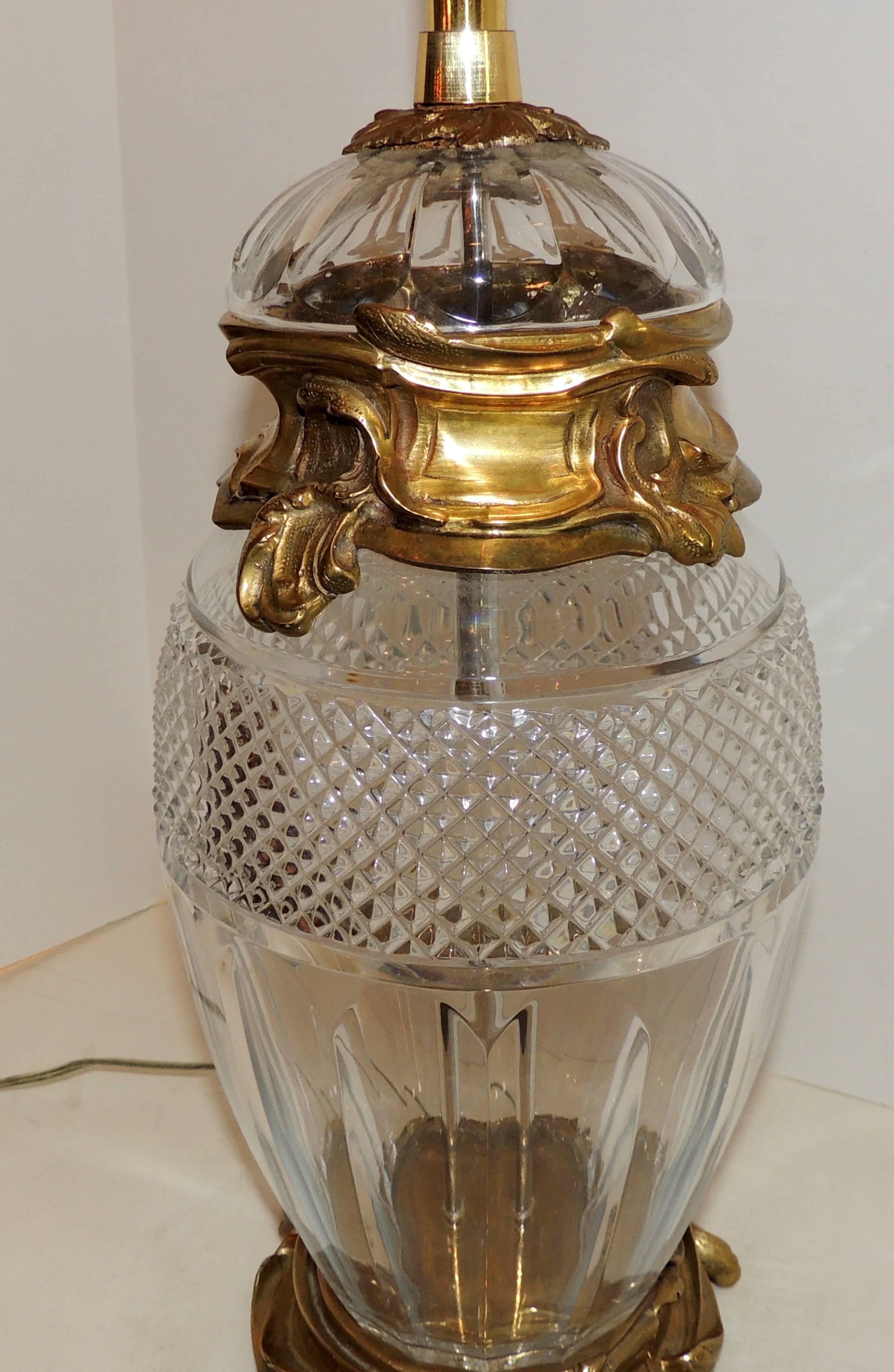 Wonderful Pair French Ormolu Gilt Bronze Cut Crystal Etched Urn Louis XVI Lamps 2