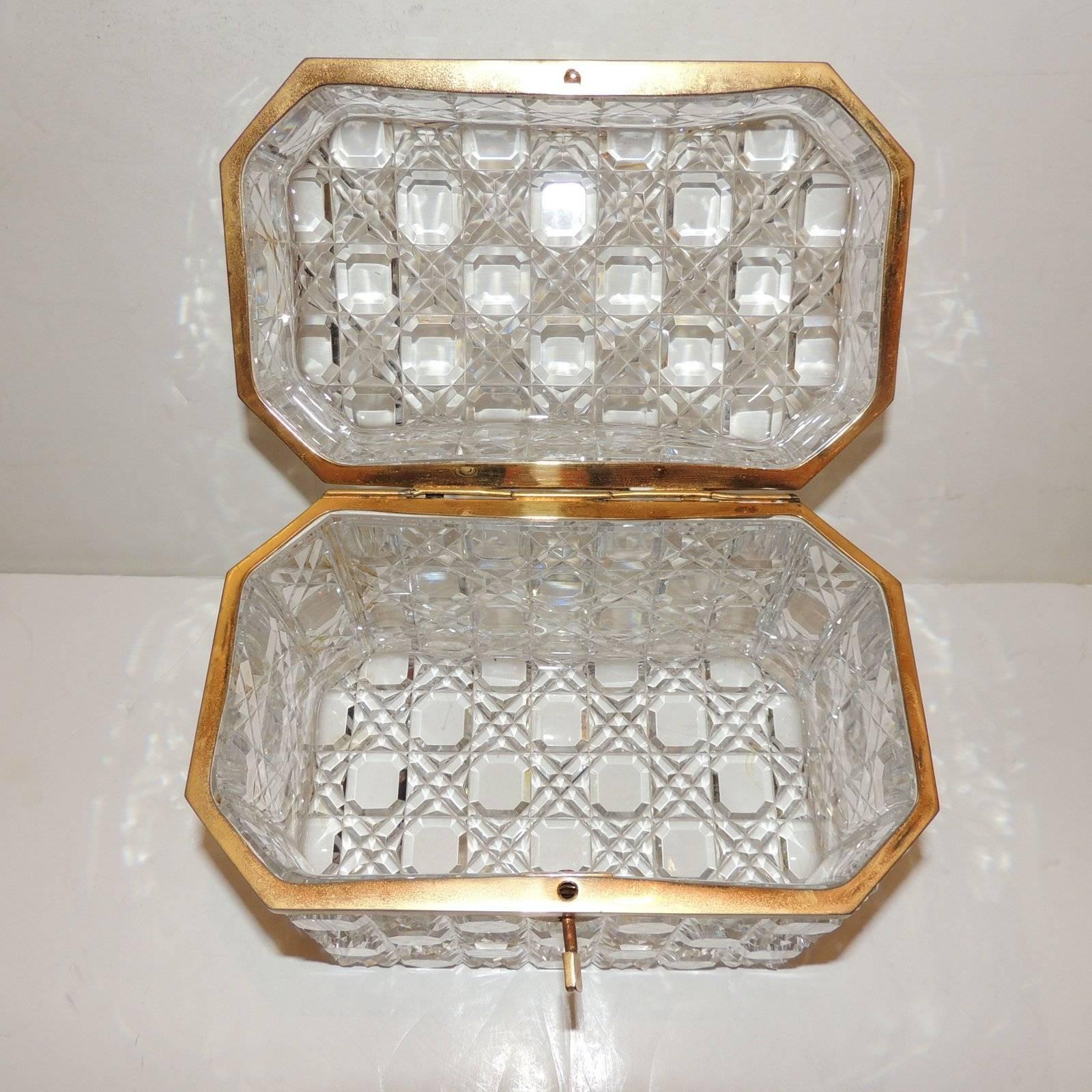 Faceted Wonderful Large French Baccarat Bronze Hexagon Cut Crystal Casket Jewelry Box