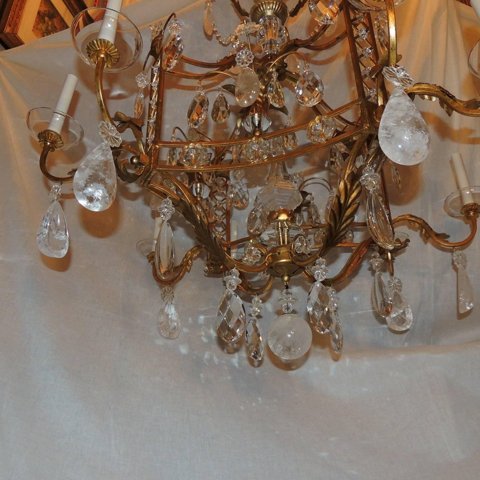 French Louis XVI Baguès Rock Crystal Eight-Light Square Mid-Century Chandelier 4