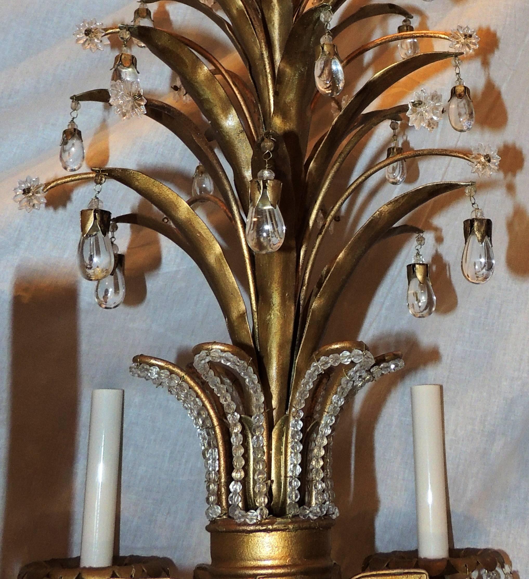 Delicate Six-Light Gilt Tole Beaded Crystal Drop Tree-Form Baguès Chandelier In Good Condition In Roslyn, NY