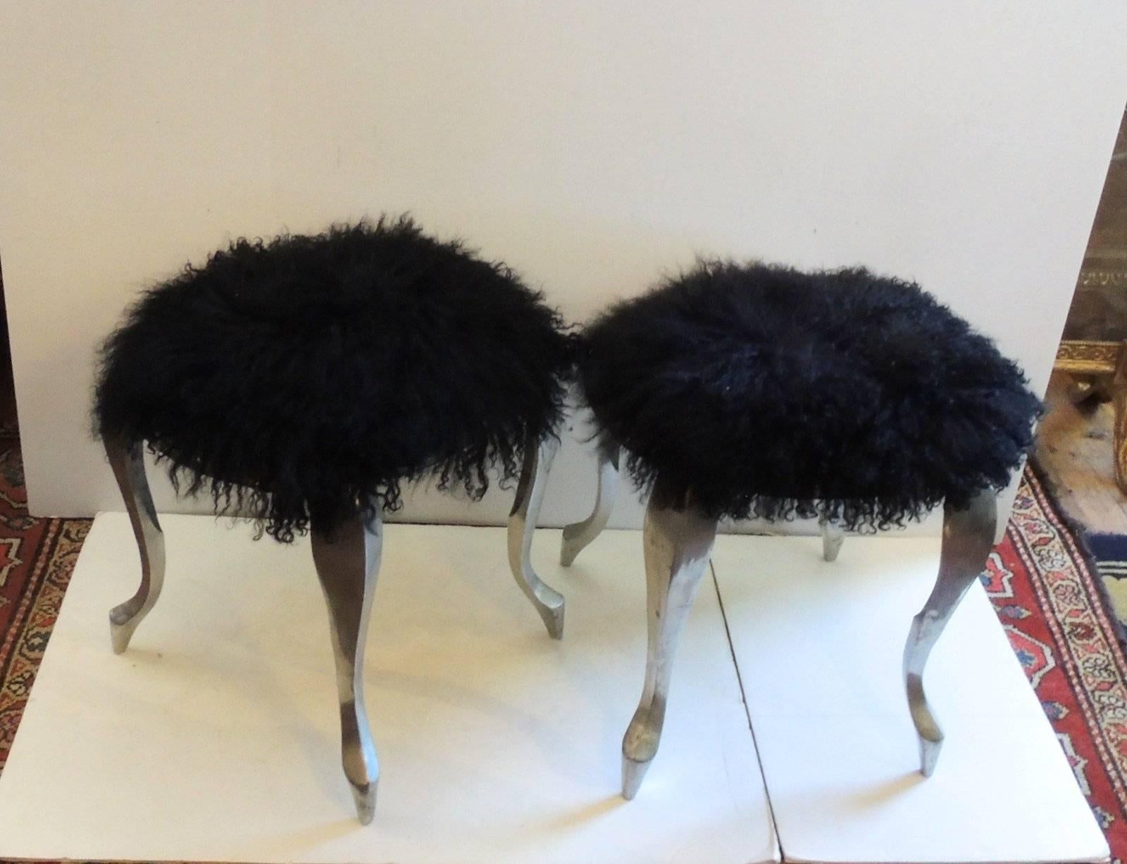 Mid-Century Modern Pair of Steel Shag Black Faux Lambs Fur Footstools Benches 3