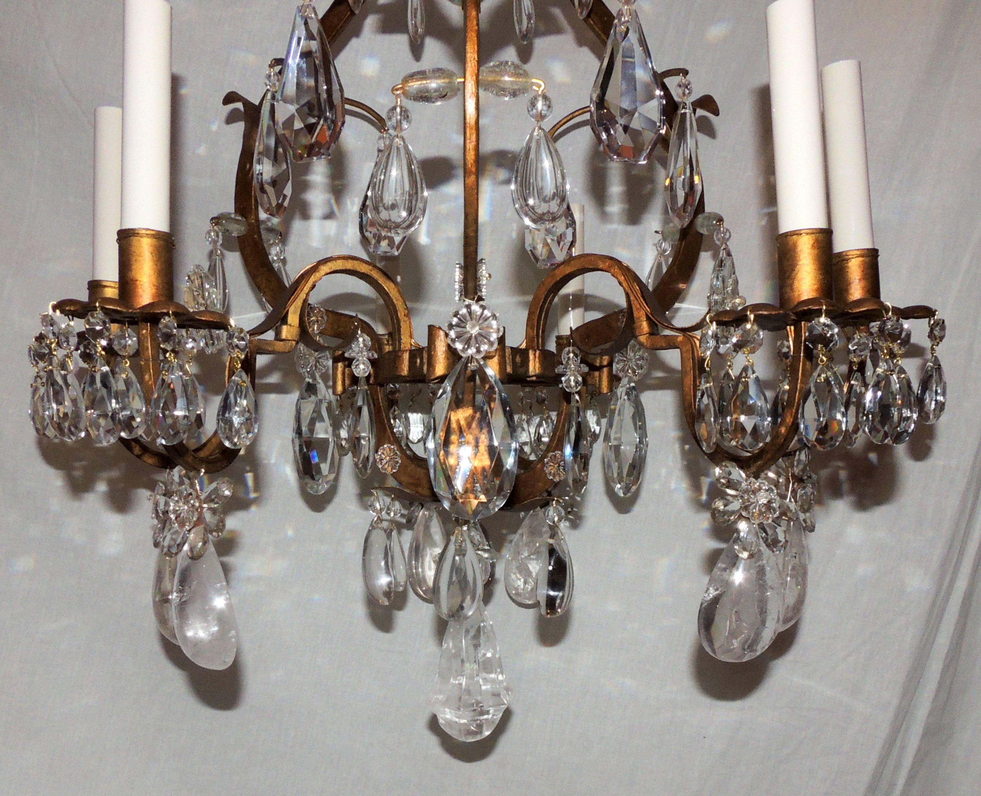 Mid-20th Century Gold Gilt Rock Crystal Bagues Chandelier Mid-Century Modern Light Flower Fixture For Sale