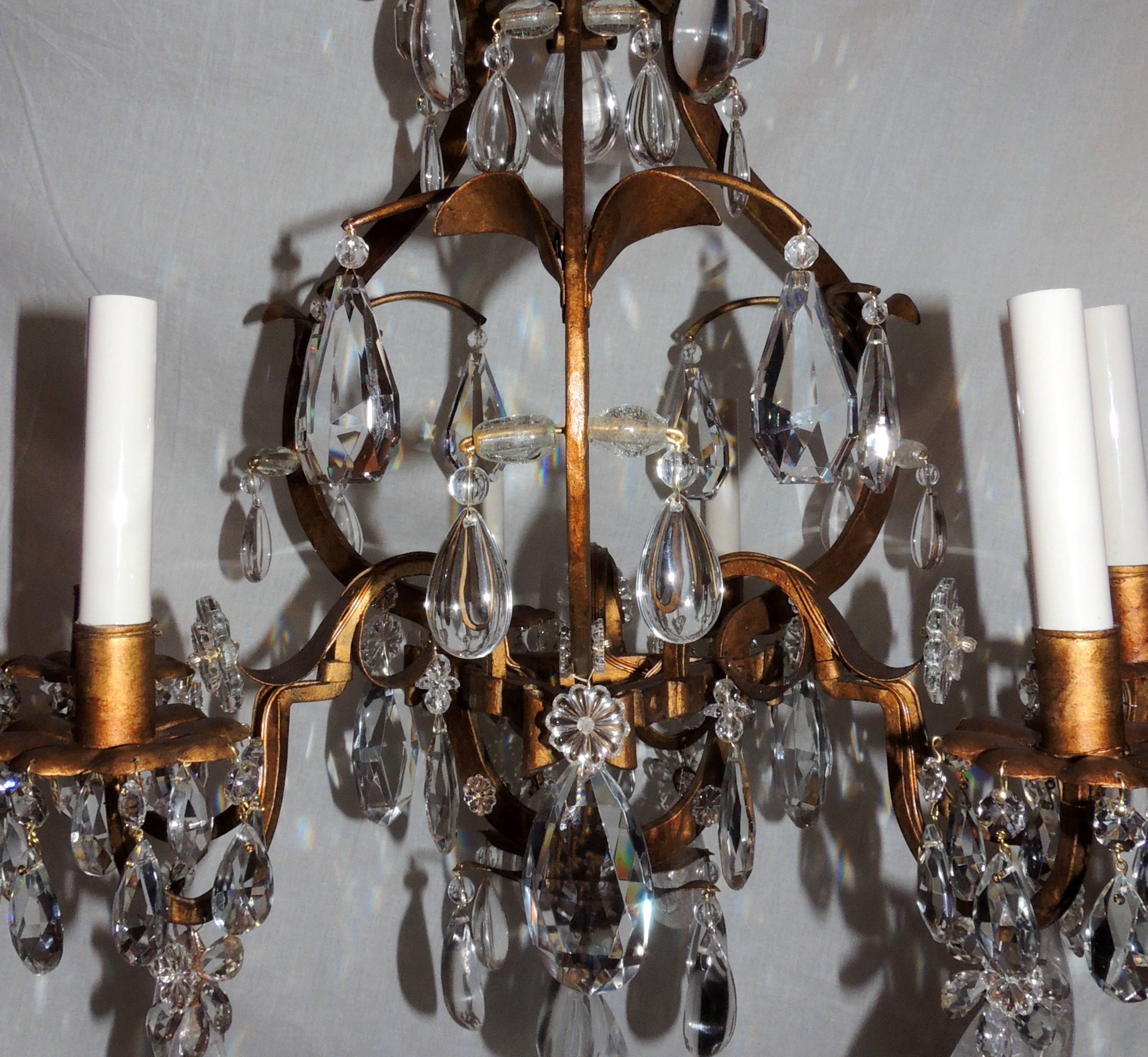 Gold Gilt Rock Crystal Bagues Chandelier Mid-Century Modern Light Flower Fixture For Sale 3