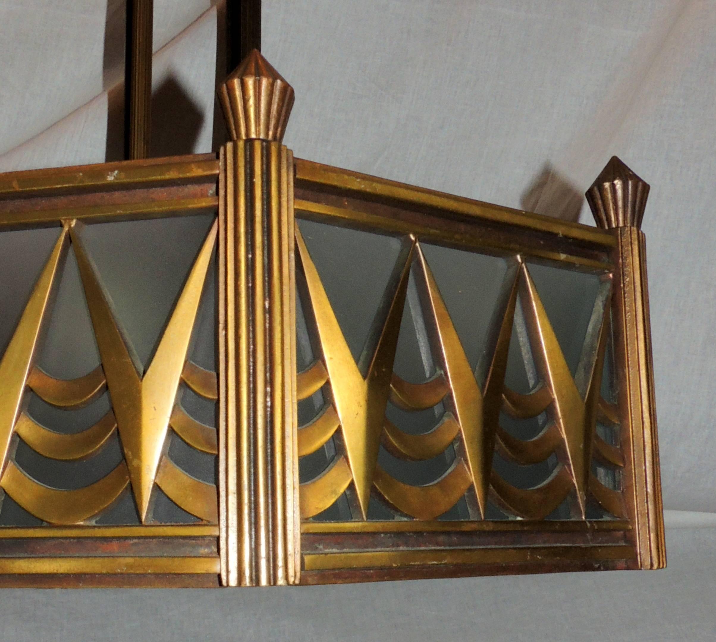 Wonderful French Bronze Art Deco Frosted Glass Octagonal Chandelier Flush Mount In Good Condition In Roslyn, NY