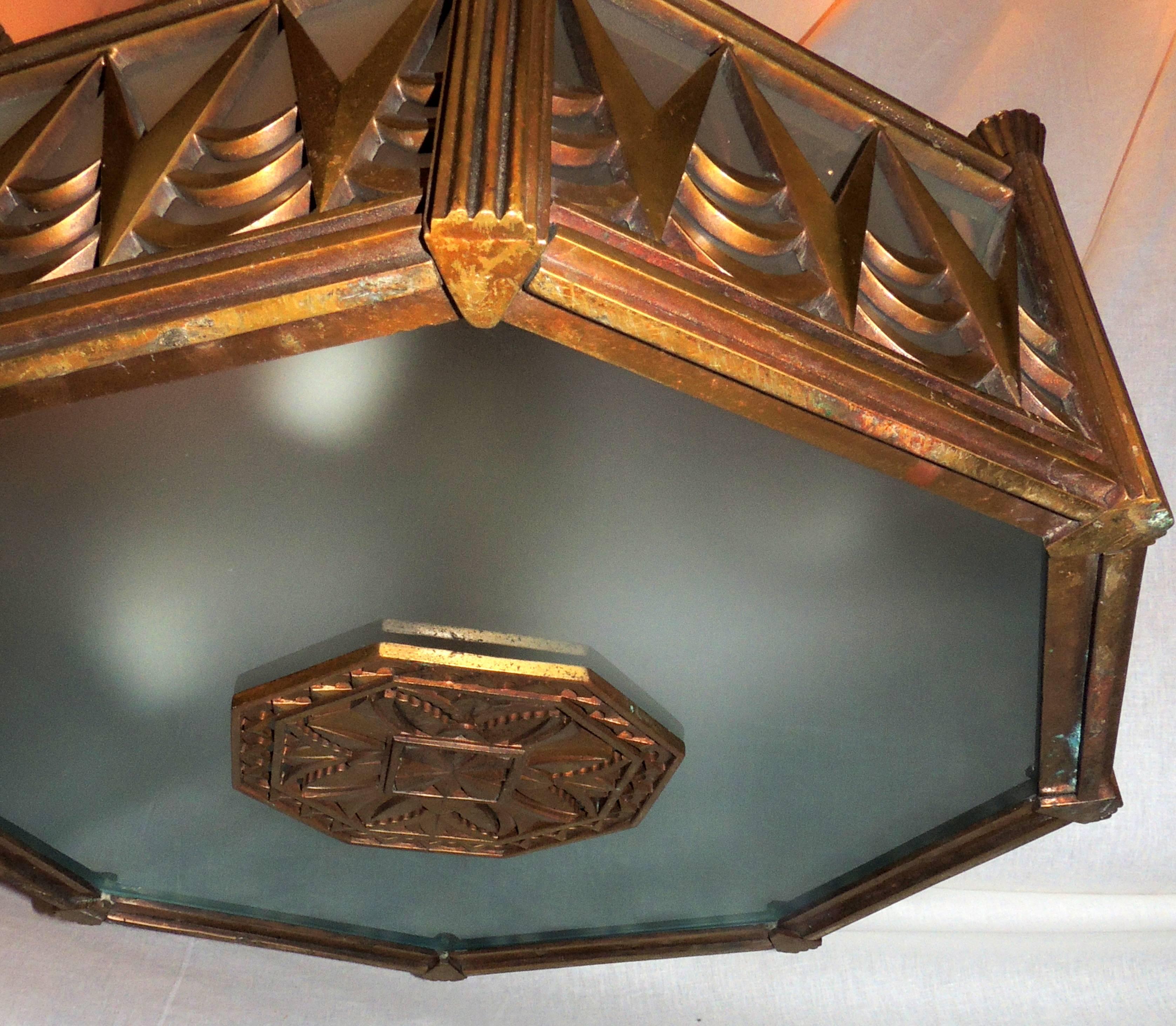 Early 20th Century Wonderful French Bronze Art Deco Frosted Glass Octagonal Chandelier Flush Mount