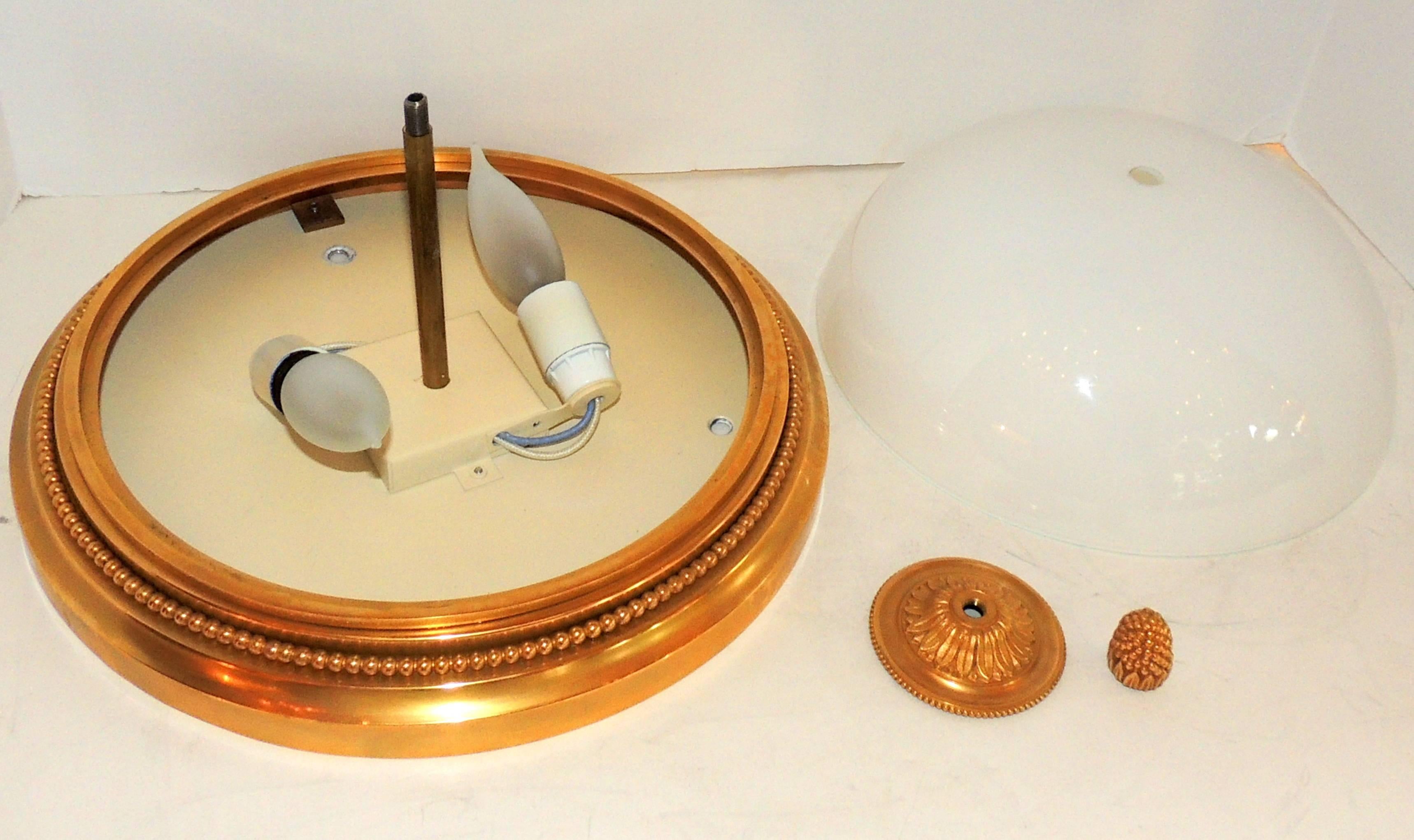 Wonderful Sherle Wagner Doré Bronze White Dome Glass Flushmount Light Fixture In Good Condition In Roslyn, NY