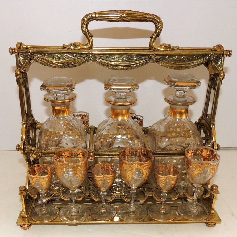 Wonderful French Bronze Bow Swag Crystal Tantalus Liquor Decanter Bar