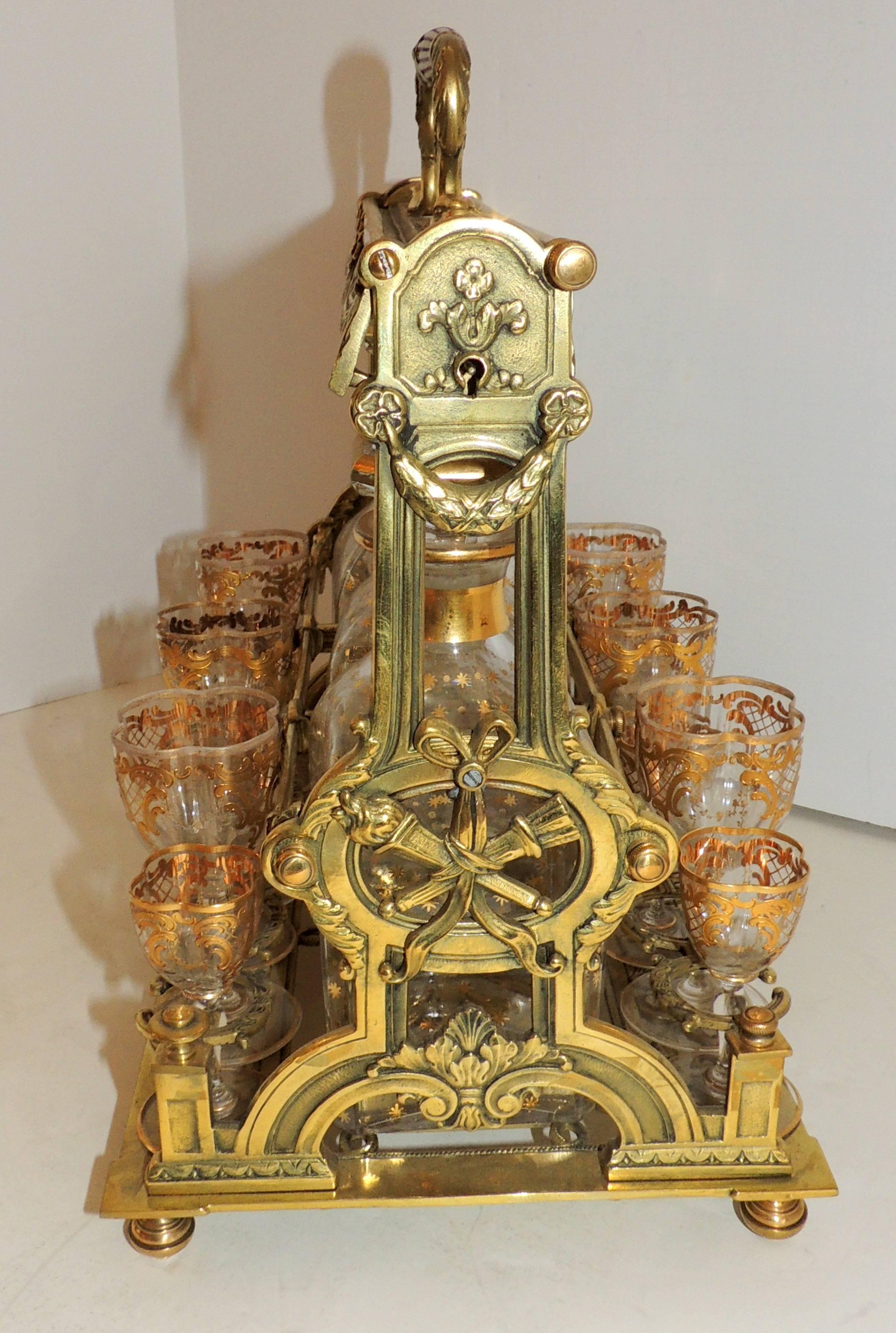 Hand-Painted Wonderful French Bronze Bow Swag Crystal Tantalus Liquor Decanter Bar Ware Set