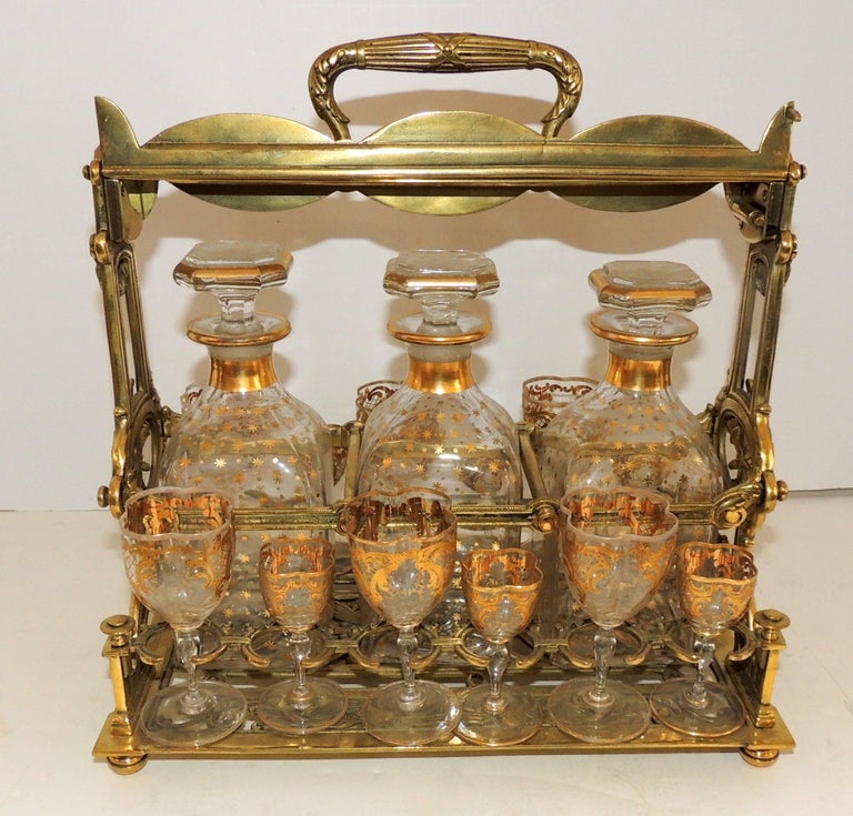 Wonderful French Bronze Bow Swag Crystal Tantalus Liquor Decanter Bar