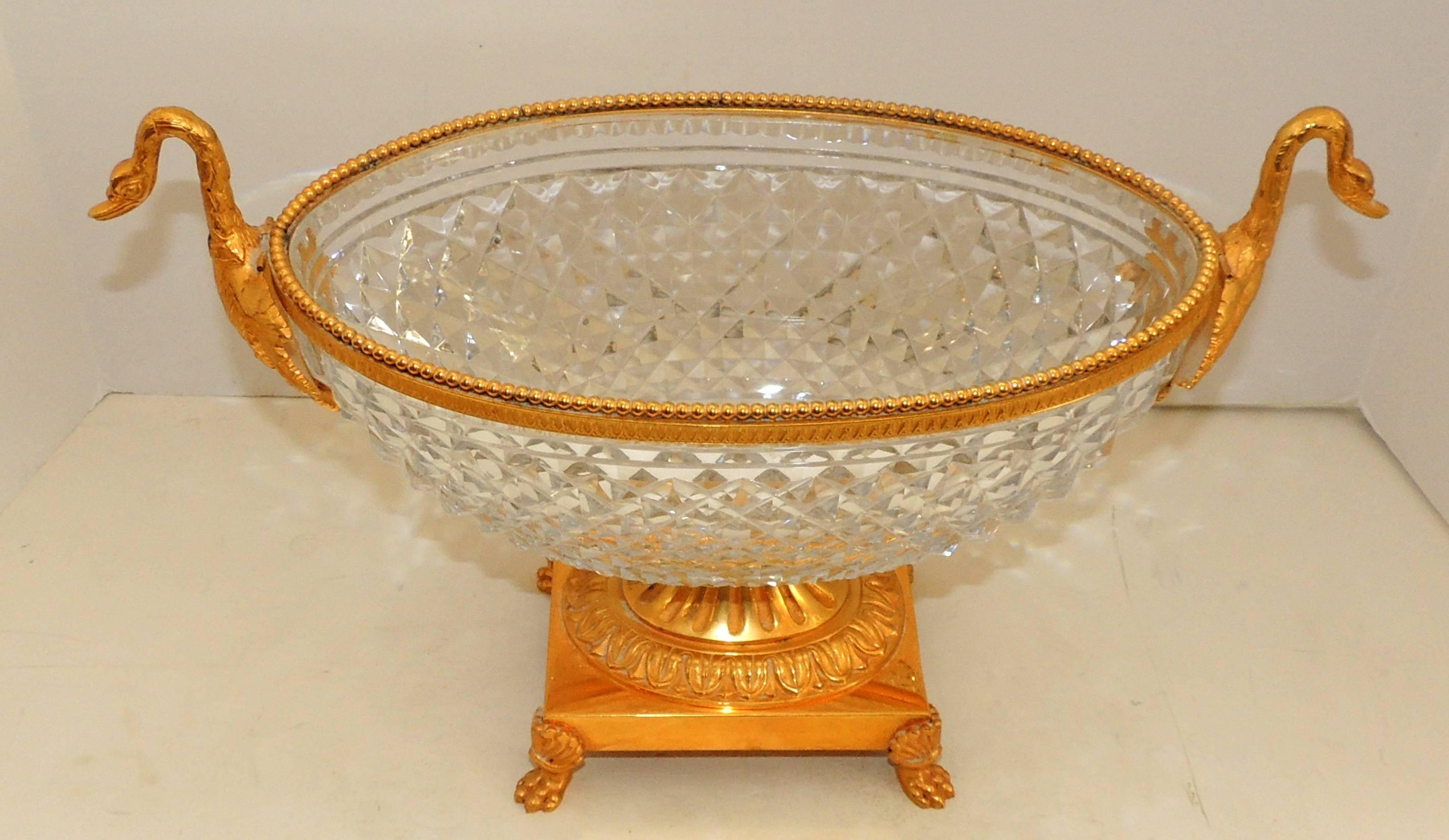 Neoclassical Wonderful French Doré Gilt Swan Handle Bronze Cut Crystal Centrepiece Bowl