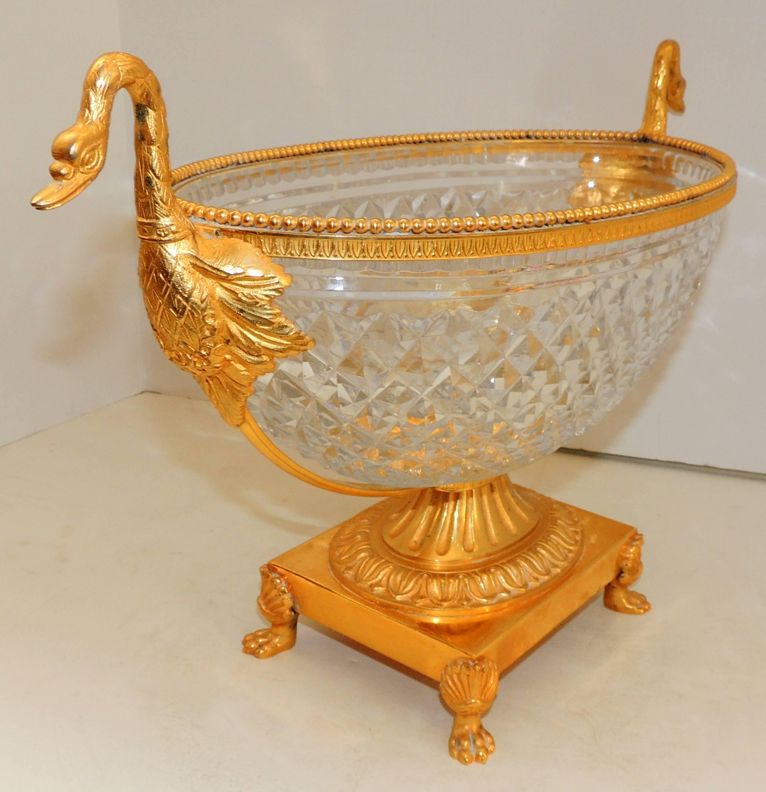 Faceted Wonderful French Doré Gilt Swan Handle Bronze Cut Crystal Centrepiece Bowl