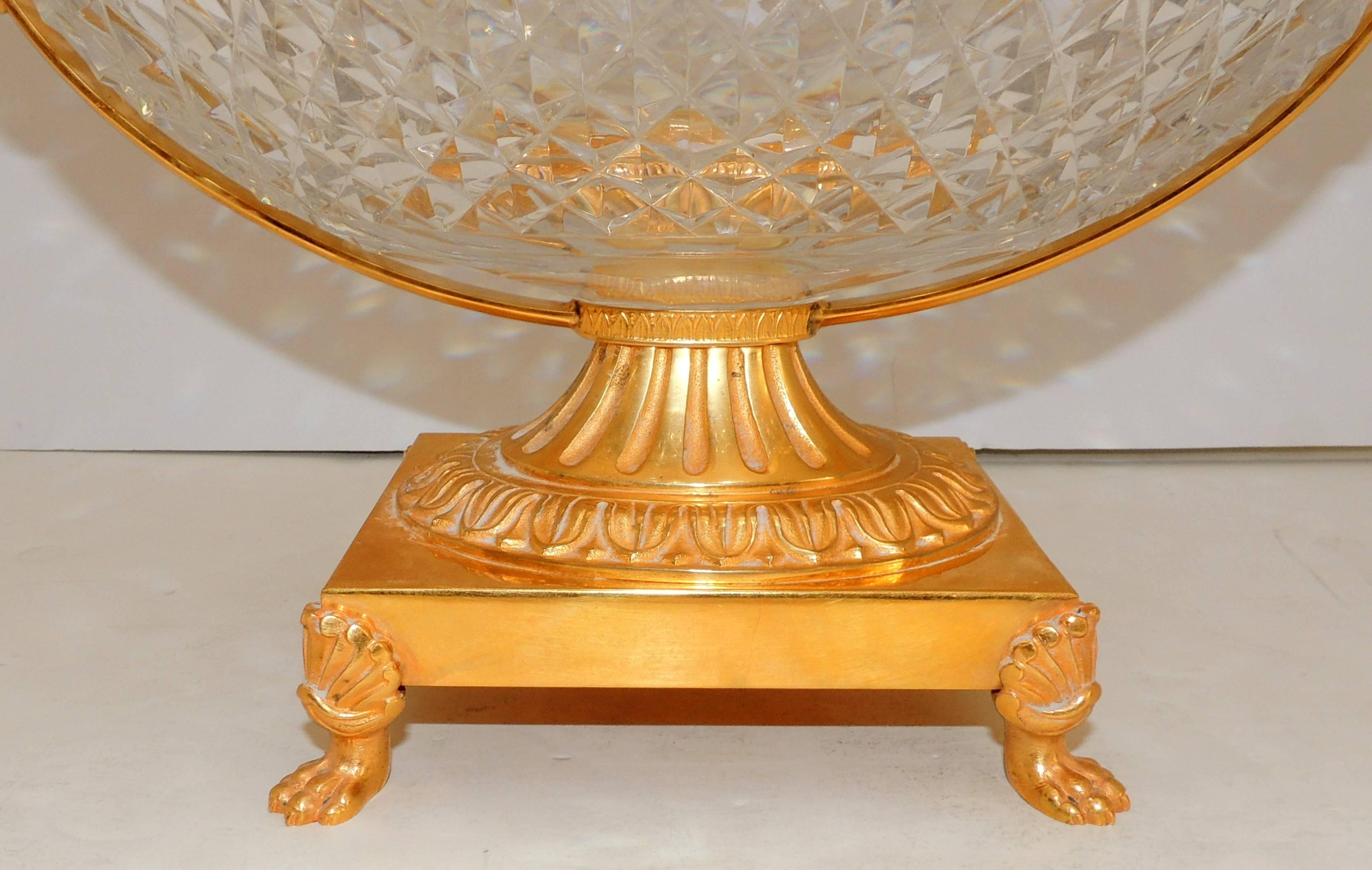 Wonderful French Doré Gilt Swan Handle Bronze Cut Crystal Centrepiece Bowl In Good Condition In Roslyn, NY