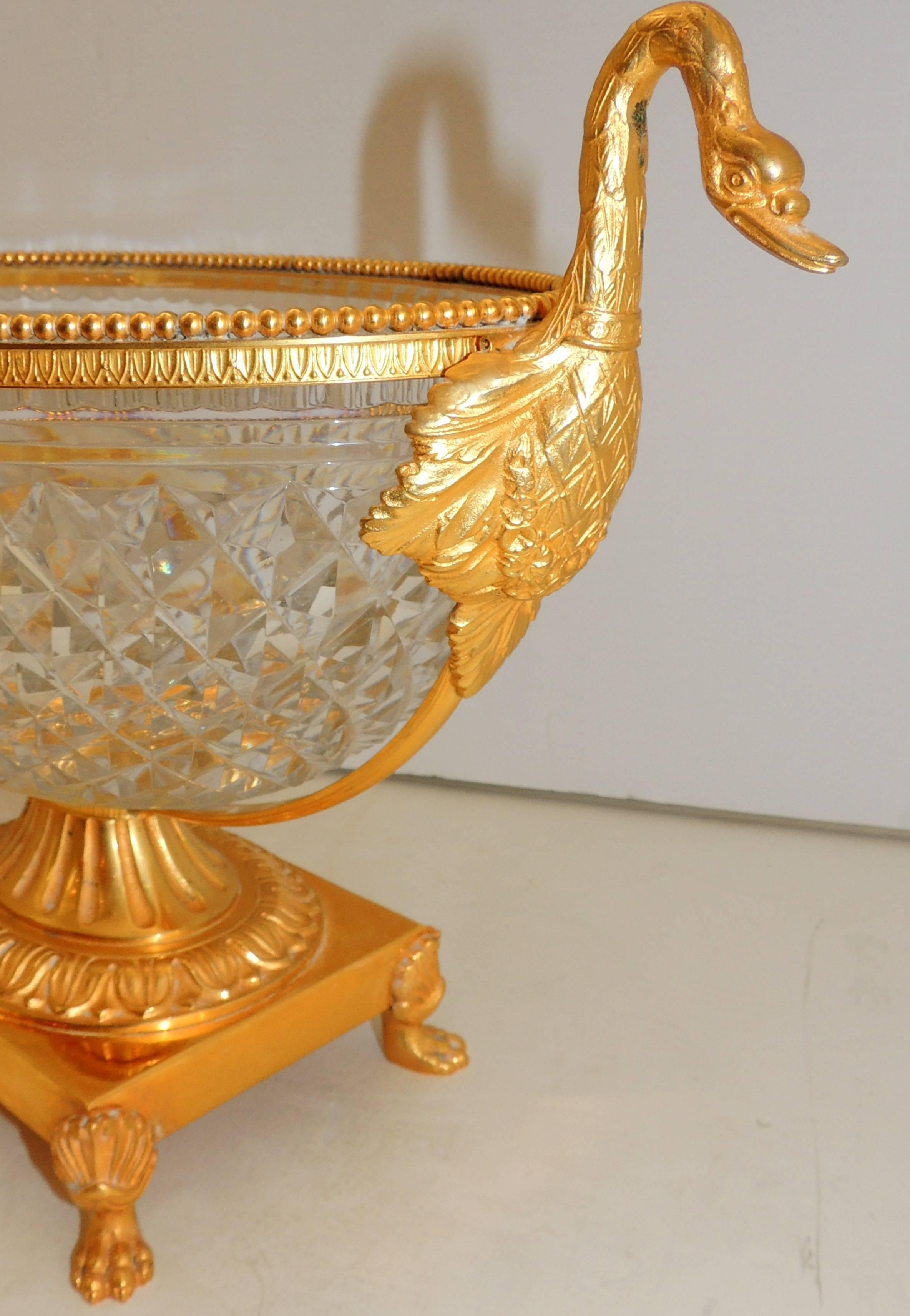 Mid-20th Century Wonderful French Doré Gilt Swan Handle Bronze Cut Crystal Centrepiece Bowl