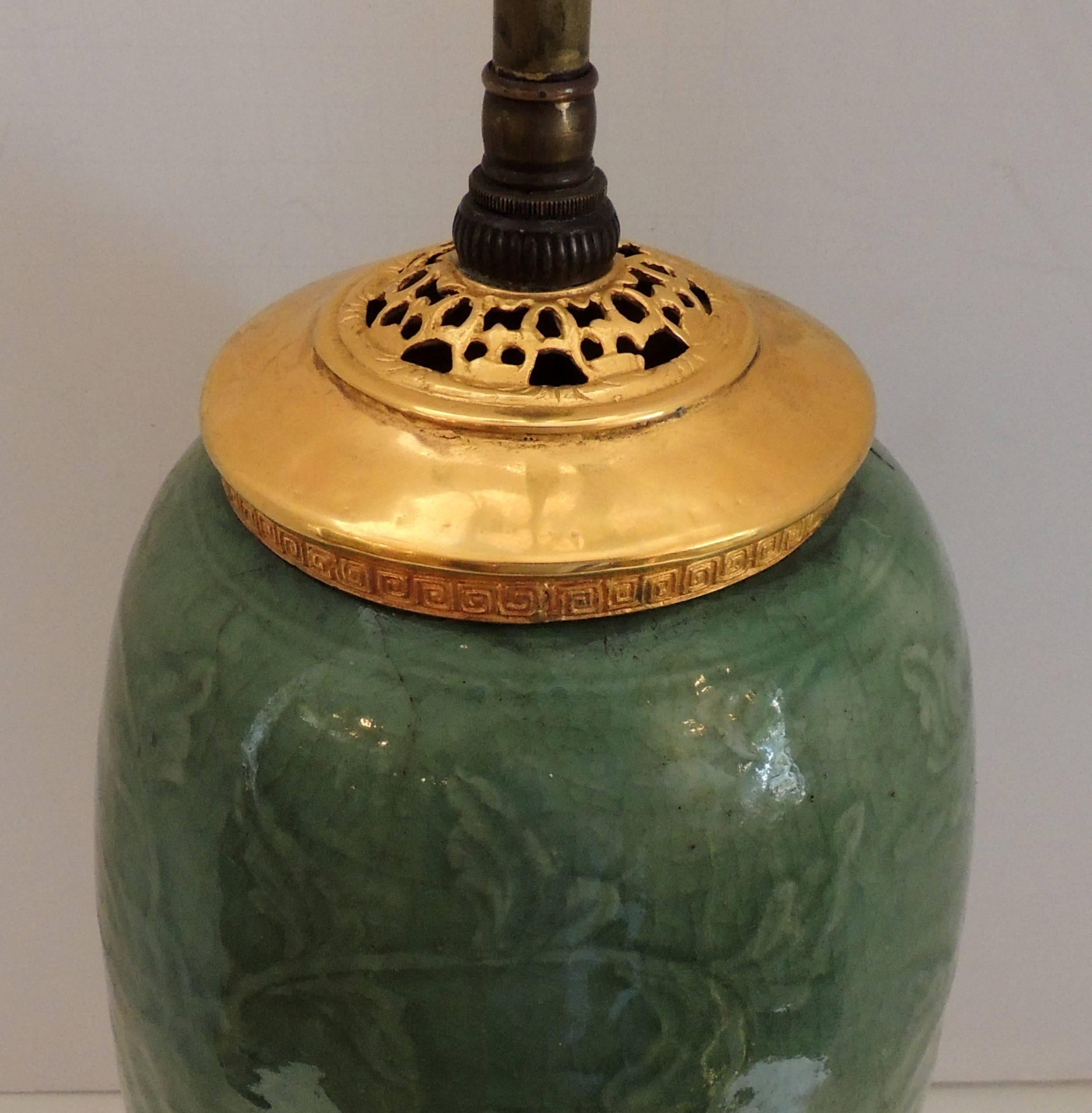 Wonderful Ormolu Gilt Doré Bronze Mounted Green Celadon Glazed Caldwell Lamp In Good Condition In Roslyn, NY
