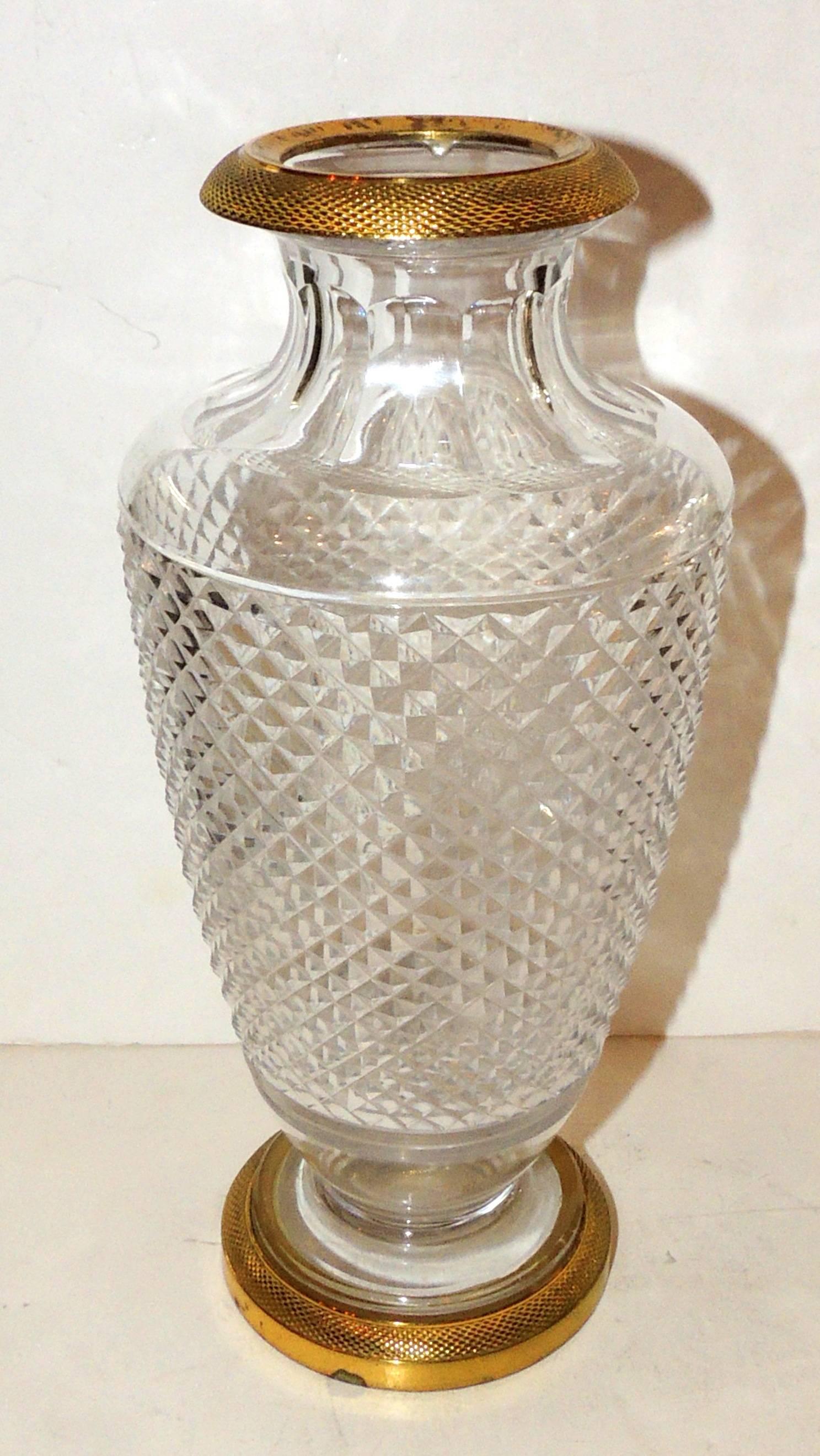 A wonderful pair of French Empire / Regency gilt doré bronze diamond cut crystal ormolu vases
Measures: 5