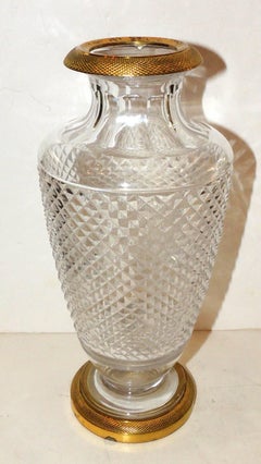 Pair of French Empire Gilt Doré Bronze Diamond Cut Crystal Ormolu Vases