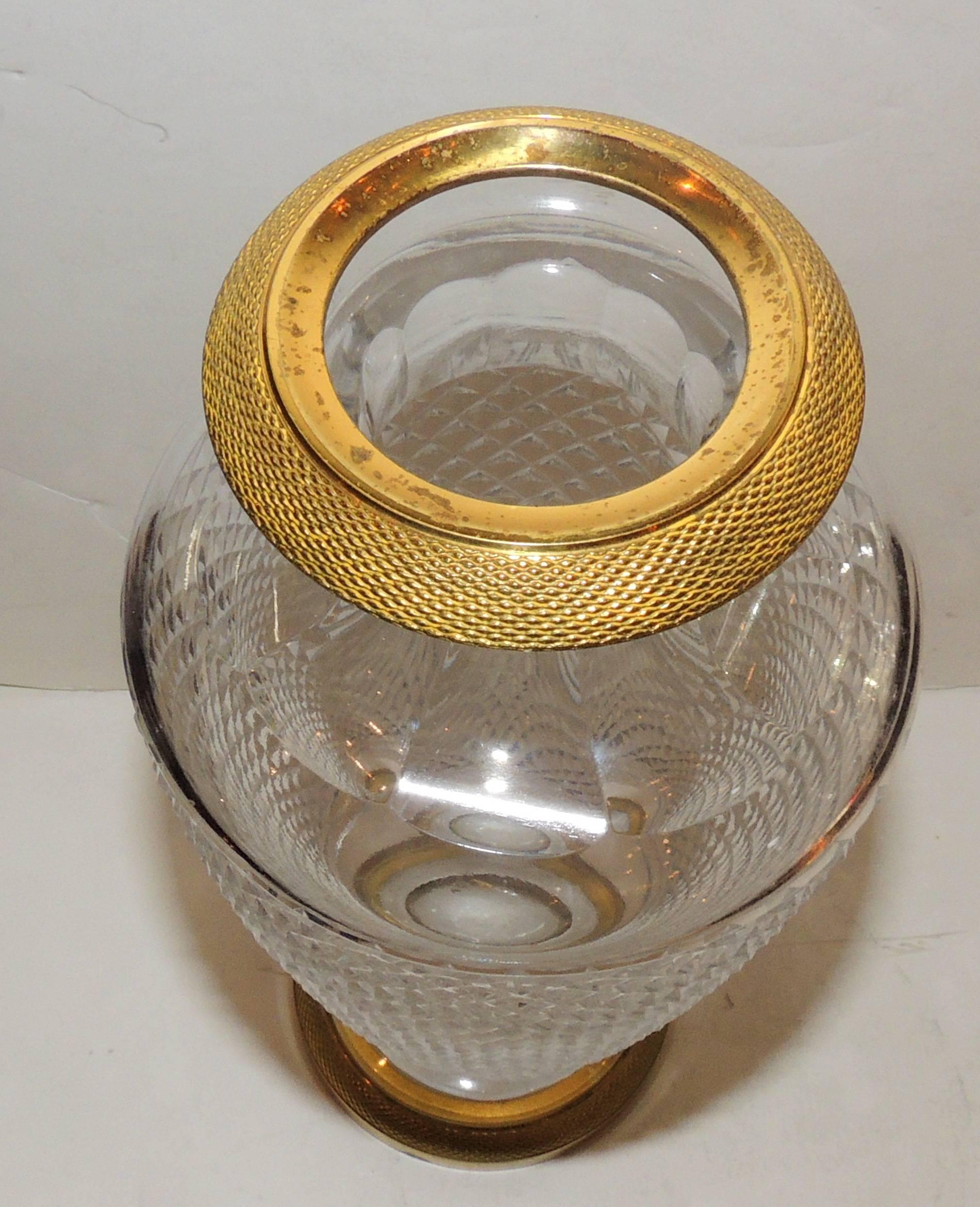 Neoclassical Pair of French Empire Gilt Doré Bronze Diamond Cut Crystal Ormolu Vases
