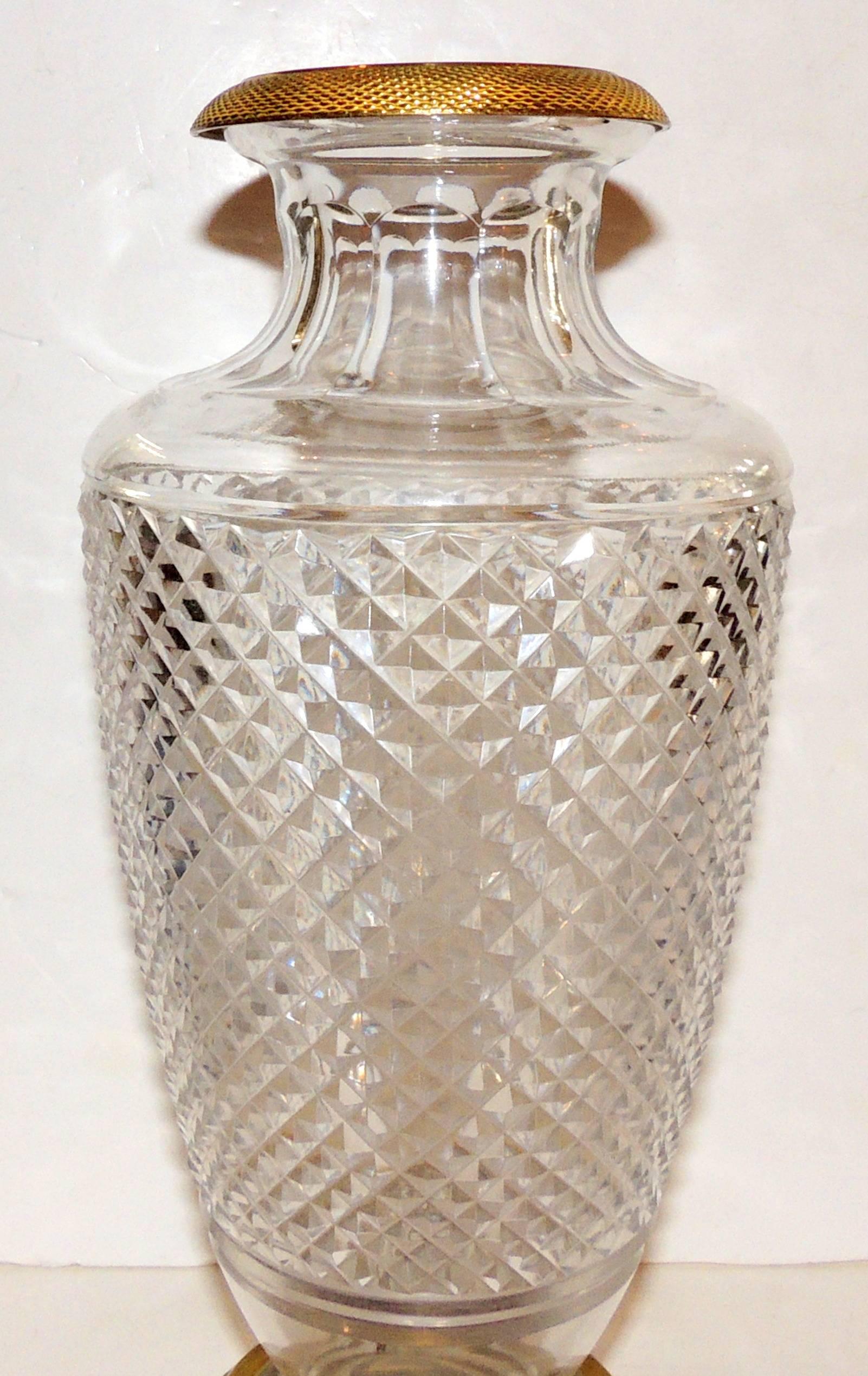 Etched Pair of French Empire Gilt Doré Bronze Diamond Cut Crystal Ormolu Vases