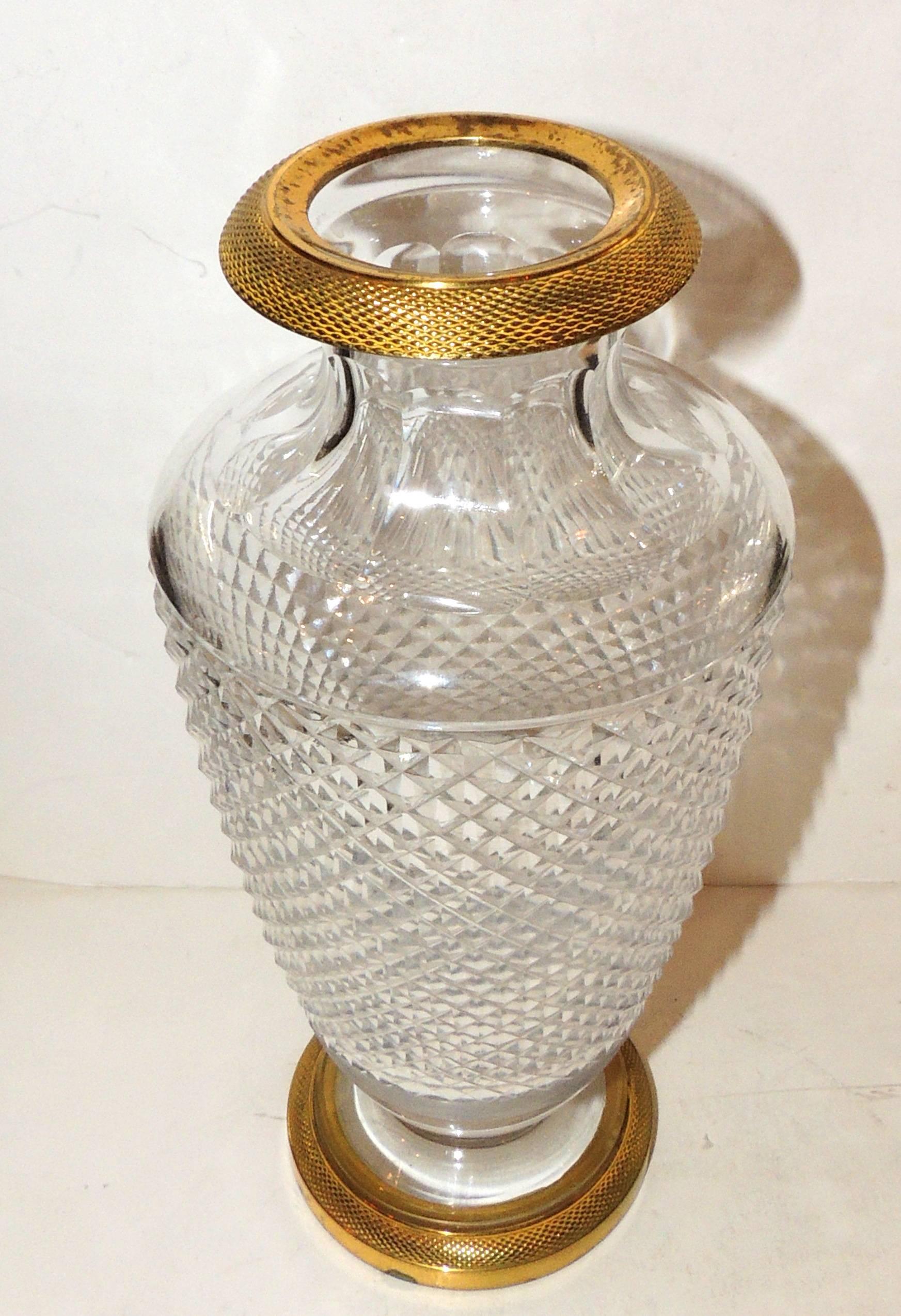 Mid-20th Century Pair of French Empire Gilt Doré Bronze Diamond Cut Crystal Ormolu Vases