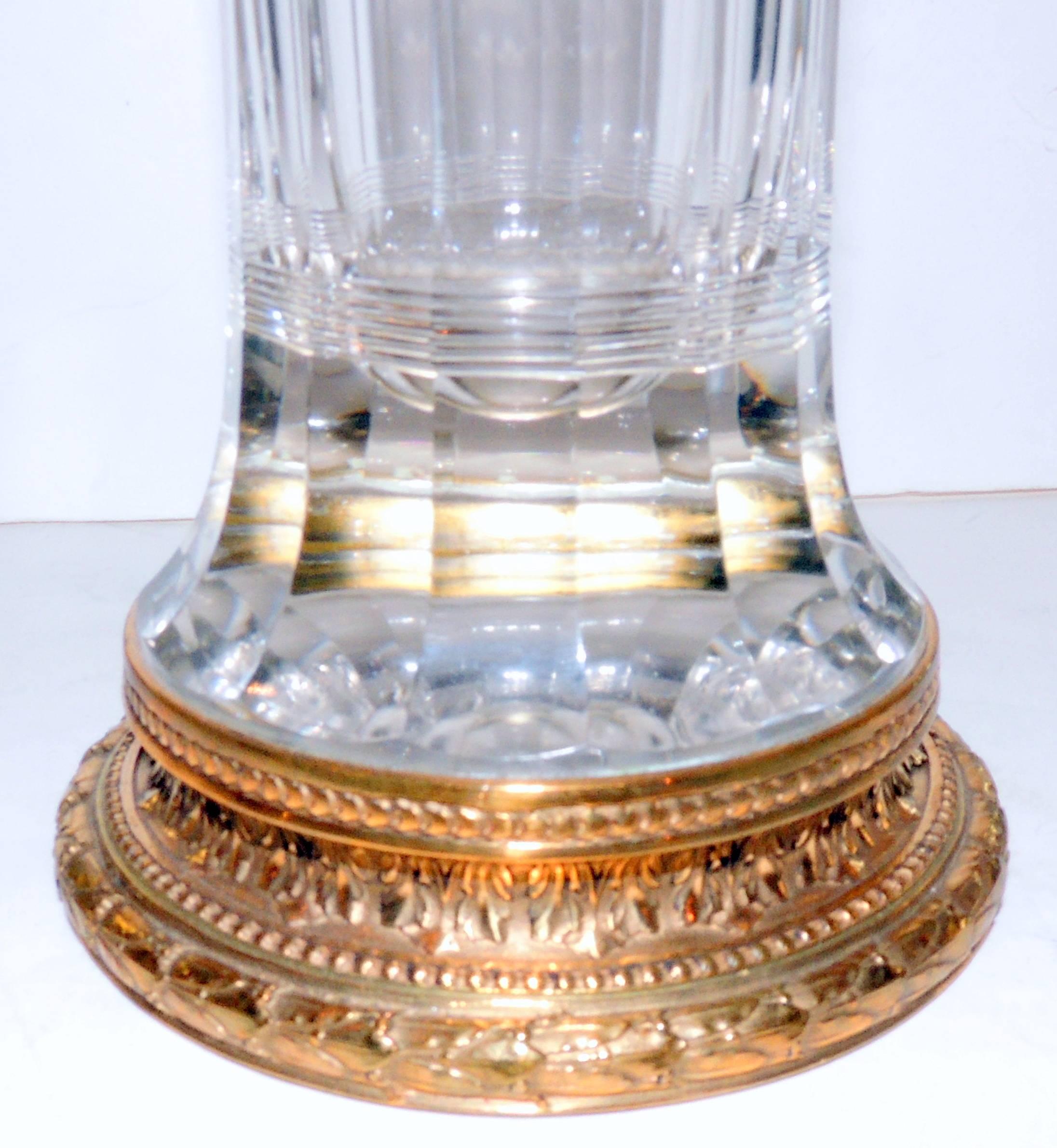 Belle Époque Wonderful Pair of French Gilt Doré Bronze Etched Cut Crystal Glass Ormolu Vases