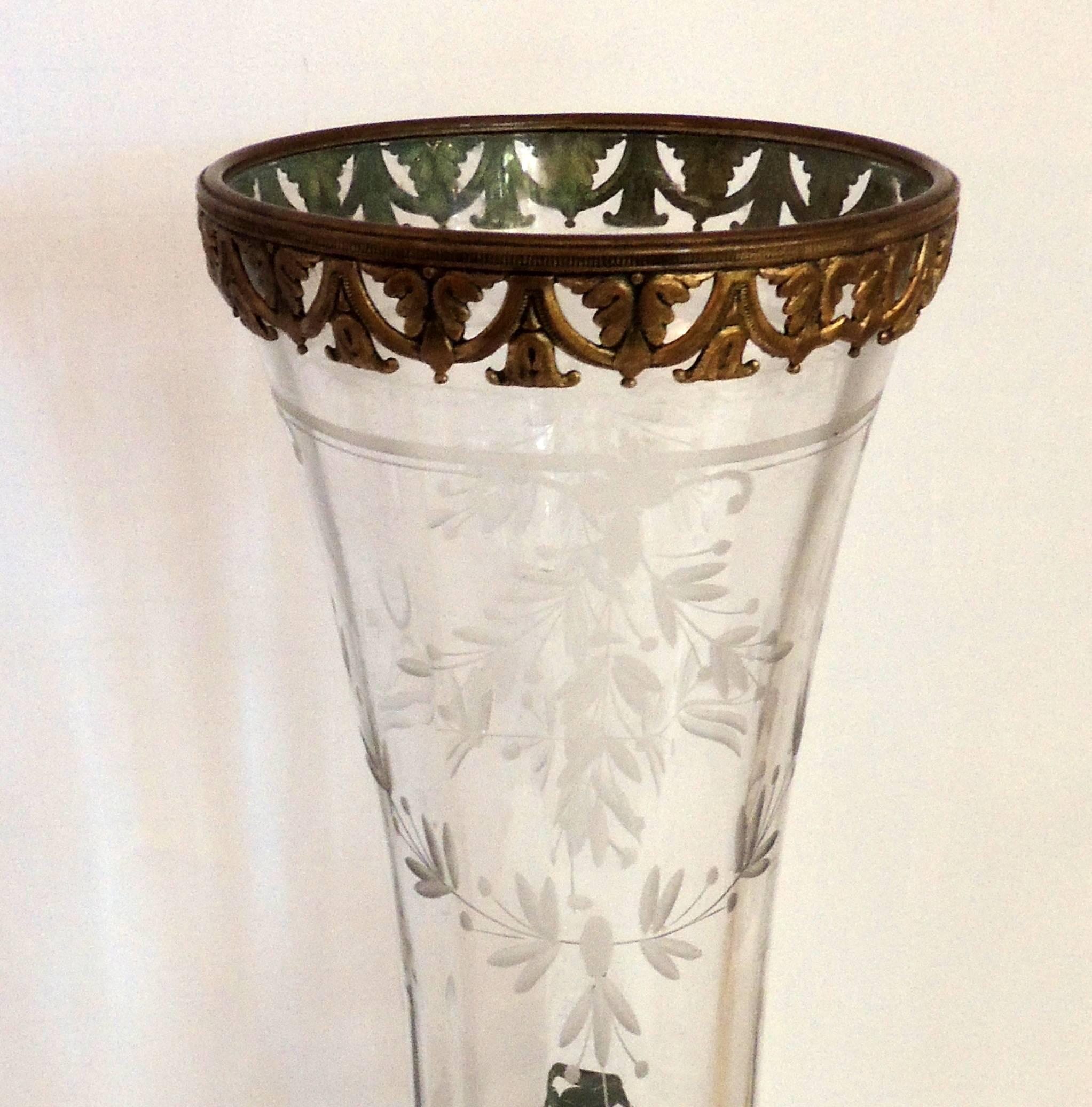 Belle Époque Wonderful French Etched Crystal Bows Garlands Gilt Dore Ormolu Bronze Vase For Sale