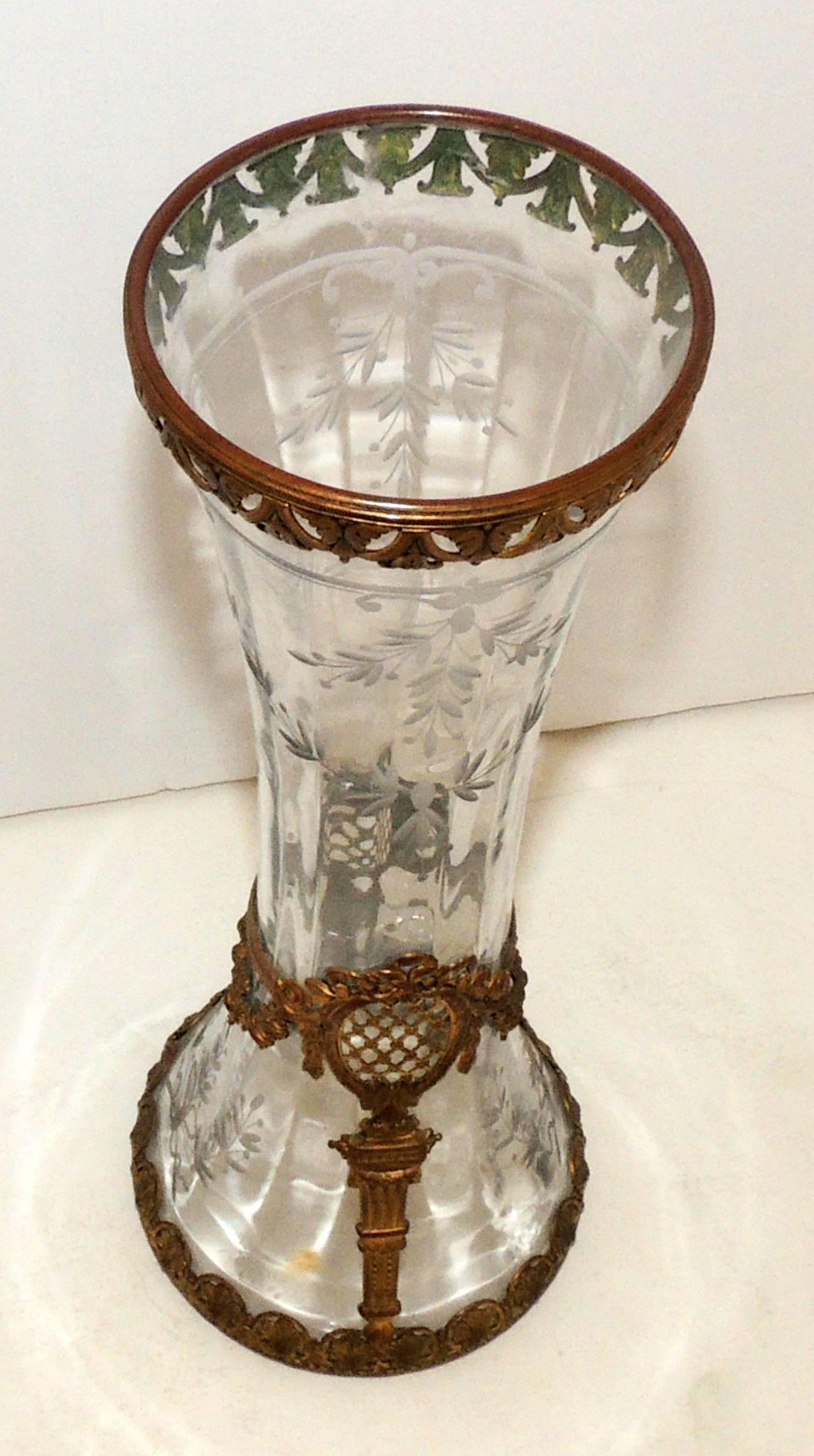 Wonderful French Etched Crystal Bows Garlands Gilt Dore Ormolu Bronze Vase In Good Condition For Sale In Roslyn, NY