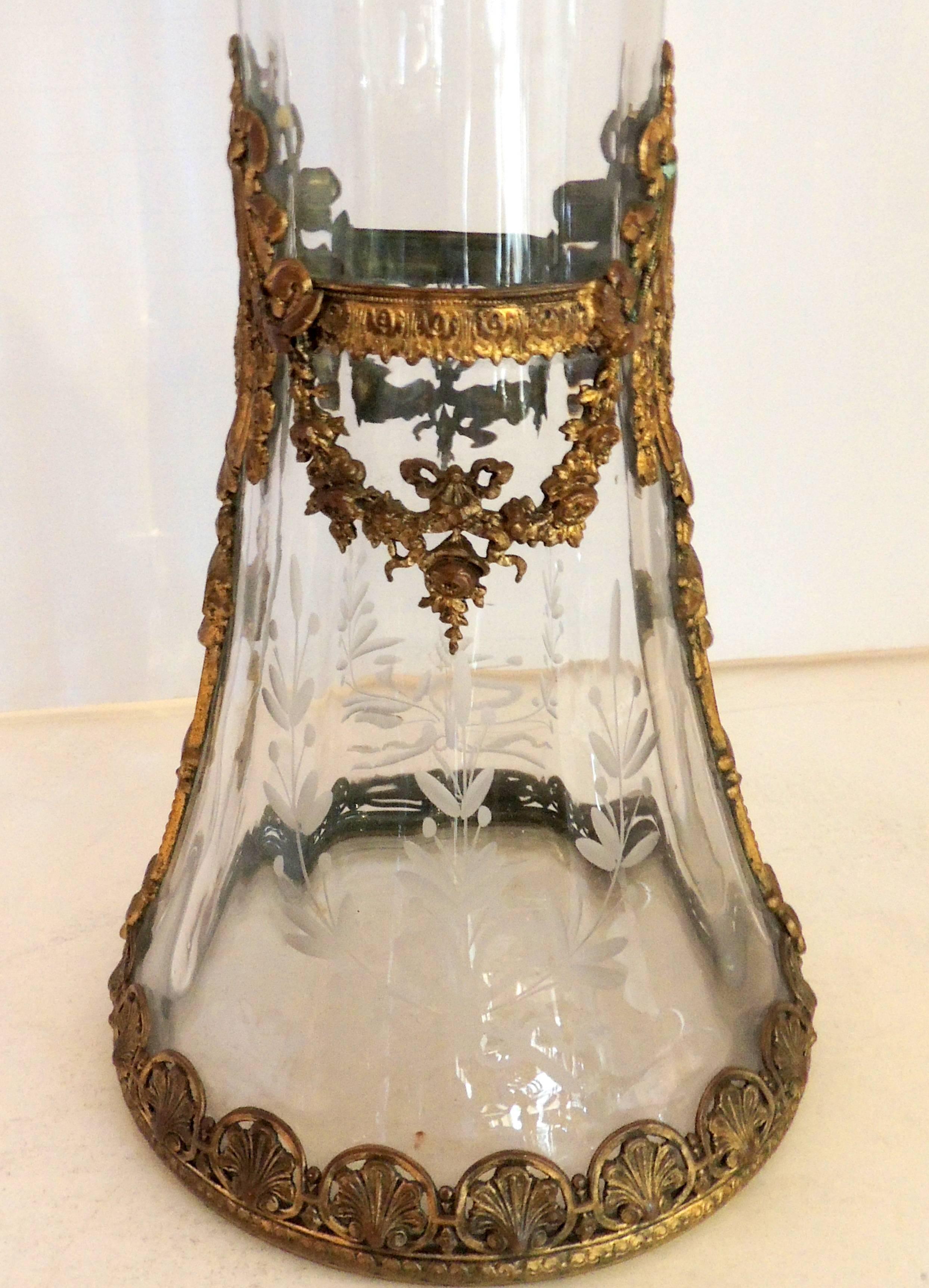 Wonderful French Etched Crystal Bows Garlands Gilt Dore Ormolu Bronze Vase For Sale 1