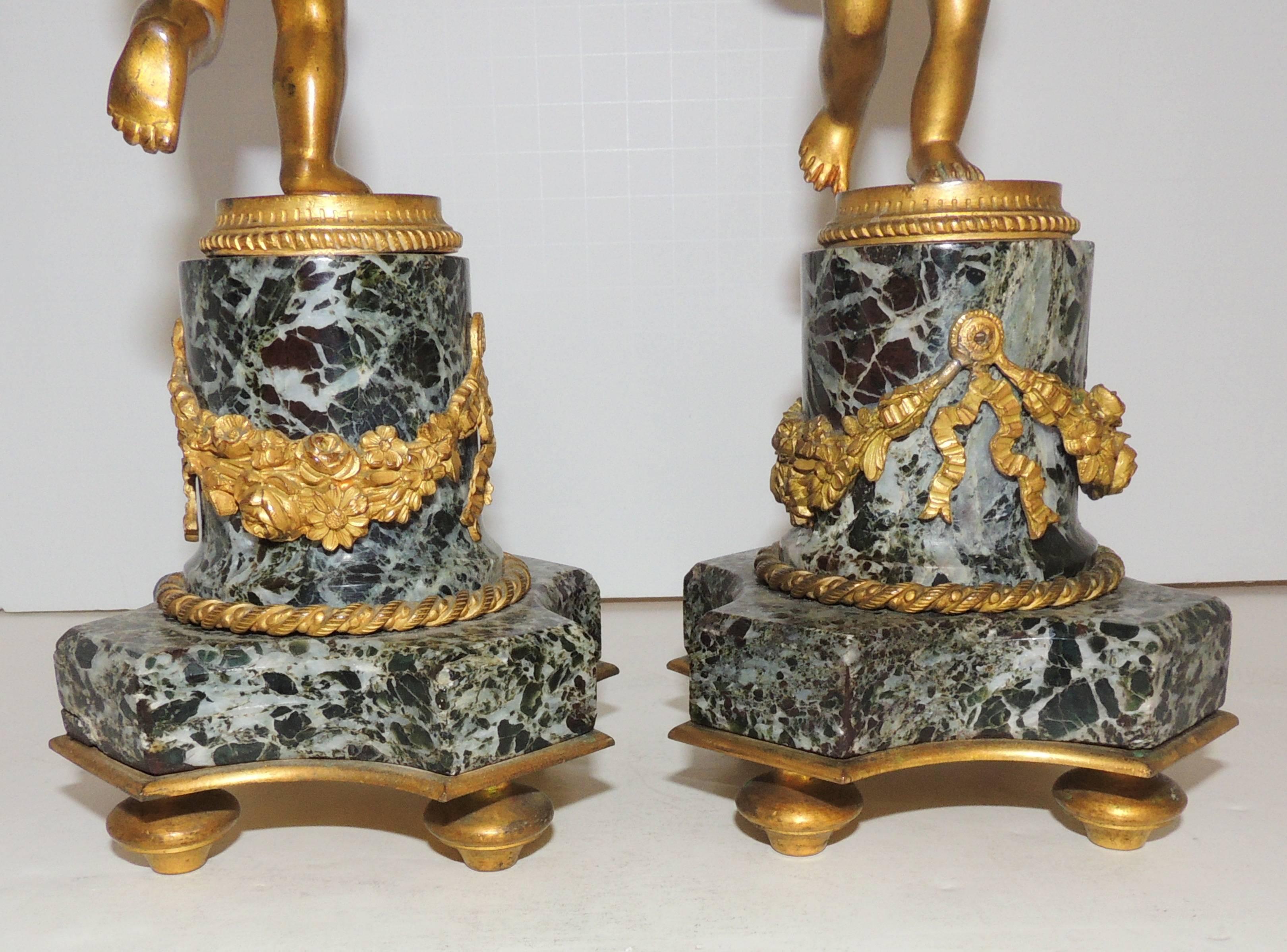 Belle Époque Wonderful Pair French Dore Bronze Cherub Putti Ormolu Swag Marble Candlesticks For Sale