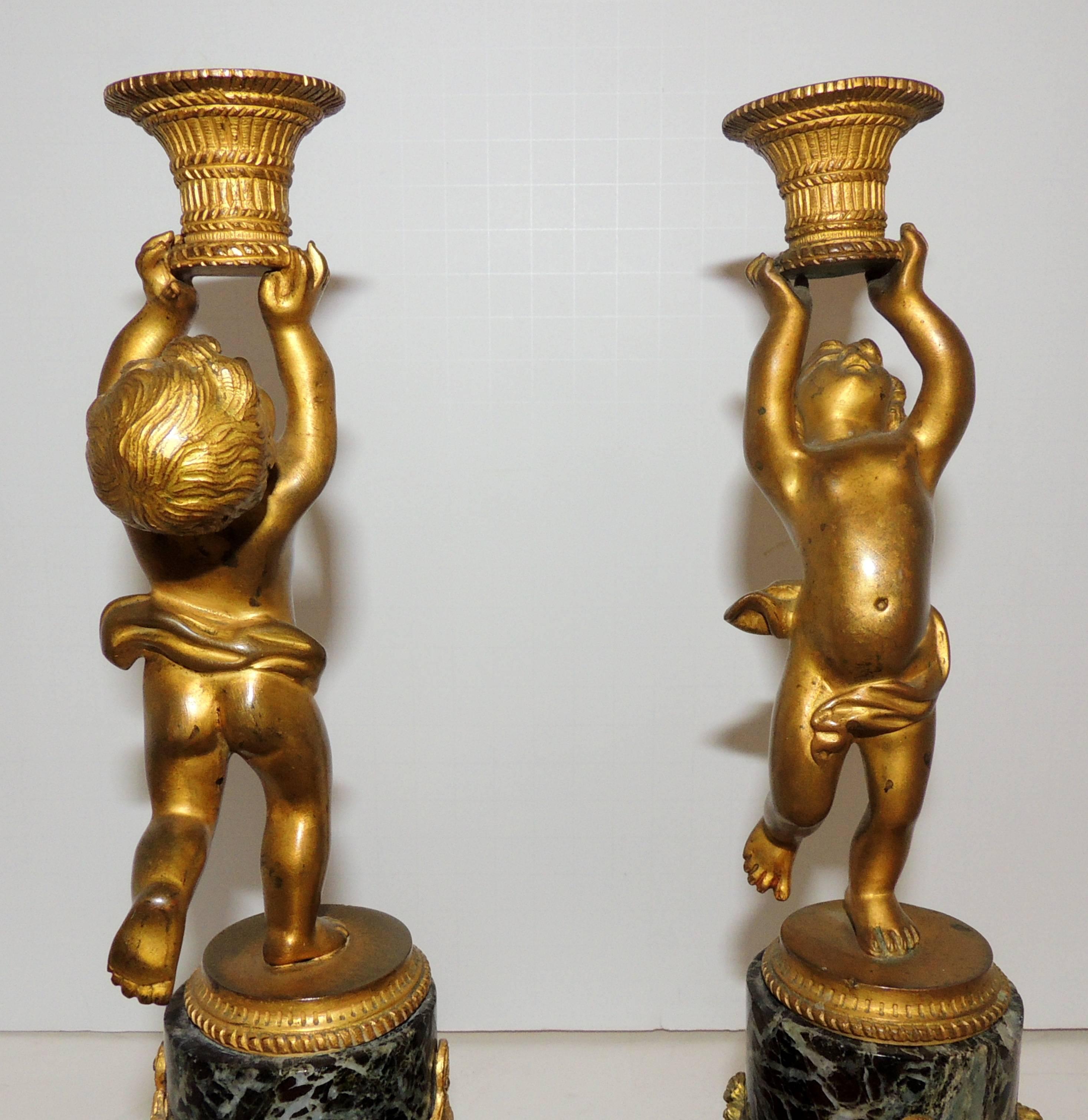 Carved Wonderful Pair French Dore Bronze Cherub Putti Ormolu Swag Marble Candlesticks For Sale