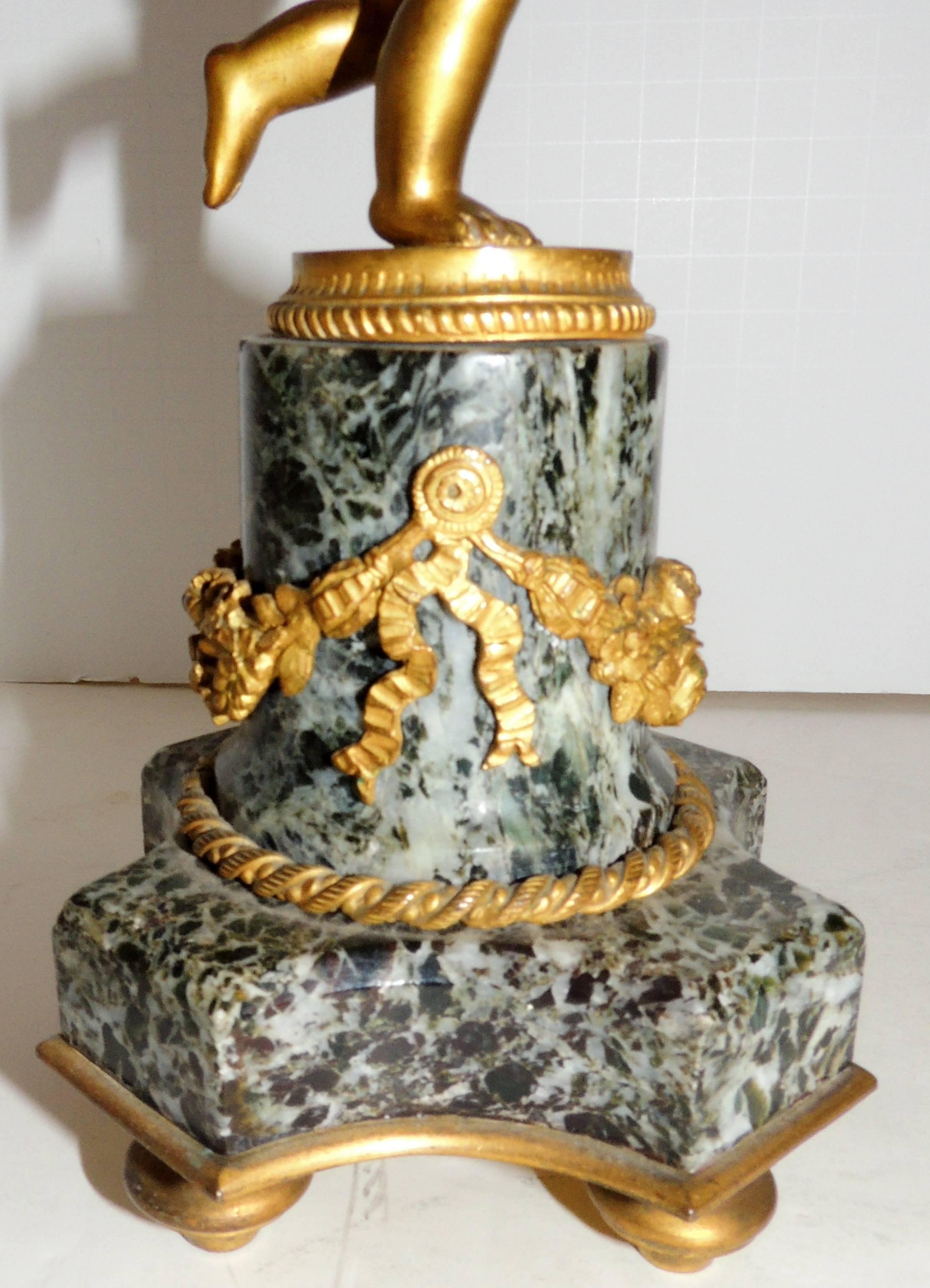Wonderful Pair French Dore Bronze Cherub Putti Ormolu Swag Marble Candlesticks For Sale 2