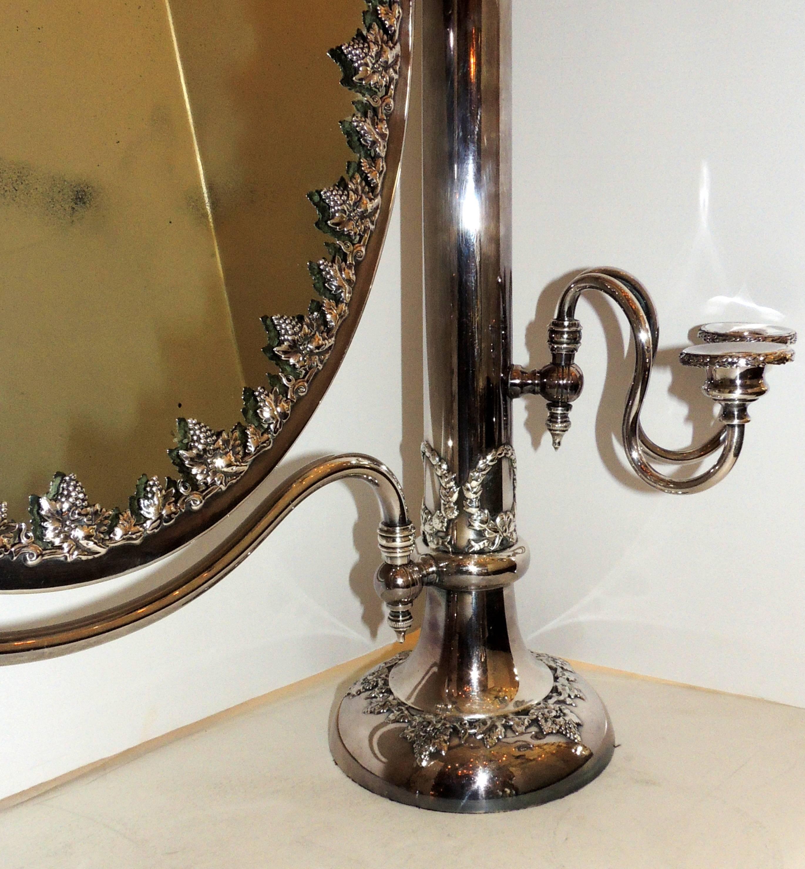 Wonderful English Silver Plated Shaving Dressing Tilt Candelabra Wreath Mirror In Good Condition In Roslyn, NY