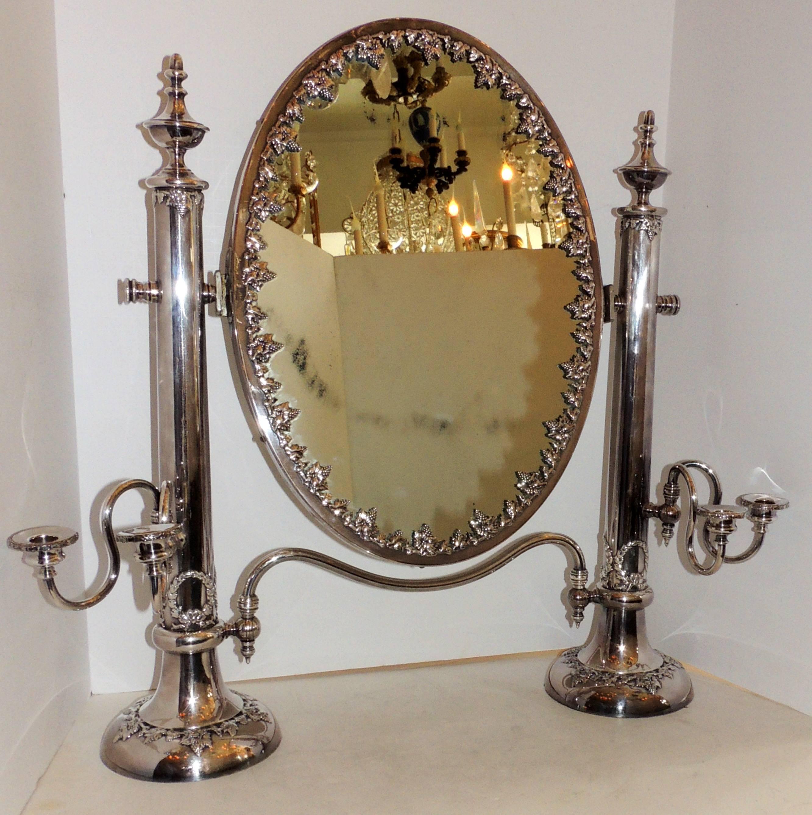 Wonderful English Silver Plated Shaving Dressing Tilt Candelabra Wreath Mirror 3