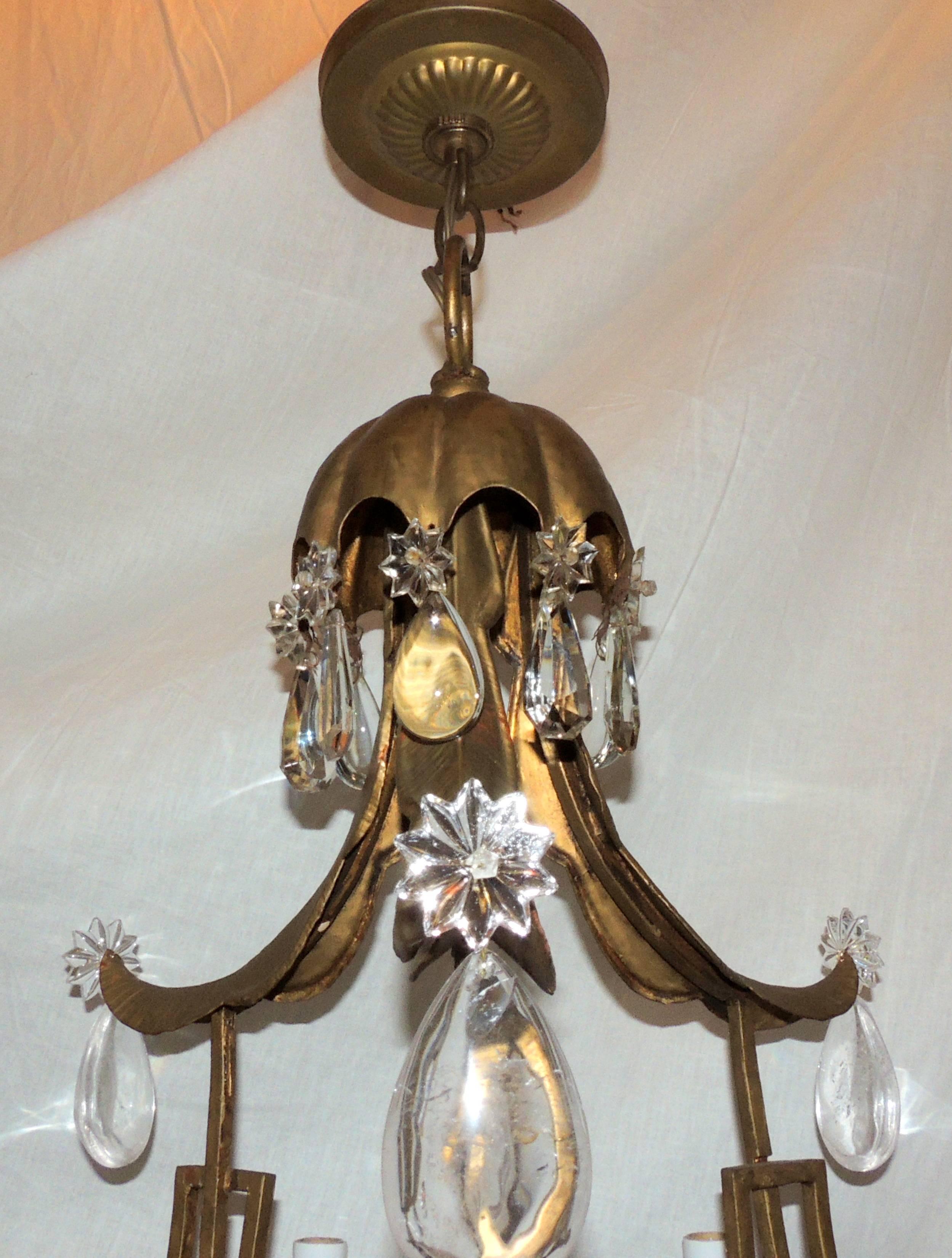 Mid-Century Modern Wonderful French Pagoda Gilt Rock Crystal Bagues Chandelier Six-Light Fixture For Sale